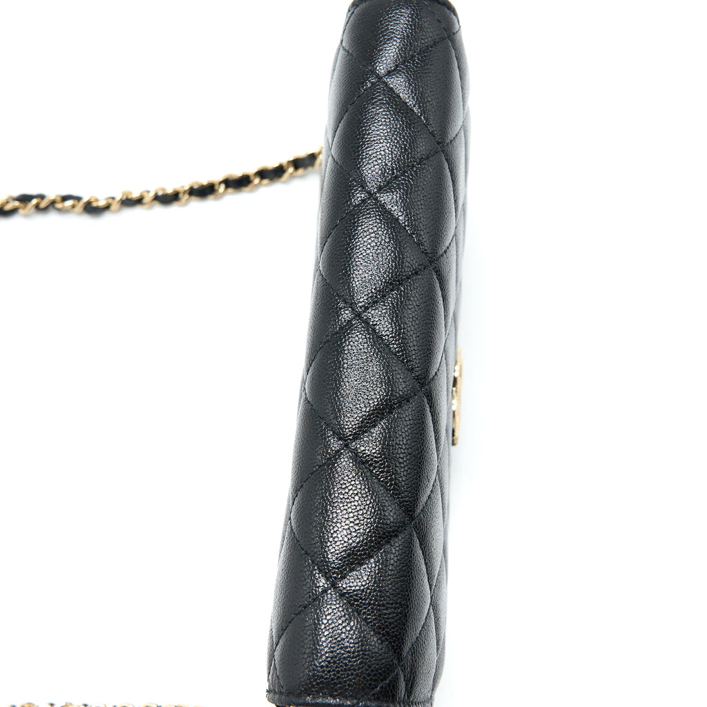 CHANEL 22B DETAIL CC LOGO WALLET ON CHAIN CAVIAR BLACK LGHW (MICROCHIP)