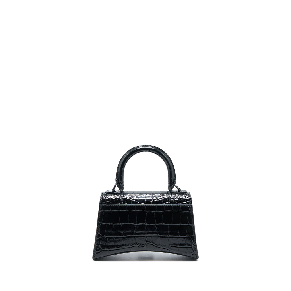 BALENCIAGA HOURGLASS XS CROC-EMBOSSED CALFSKIN SO BLACK