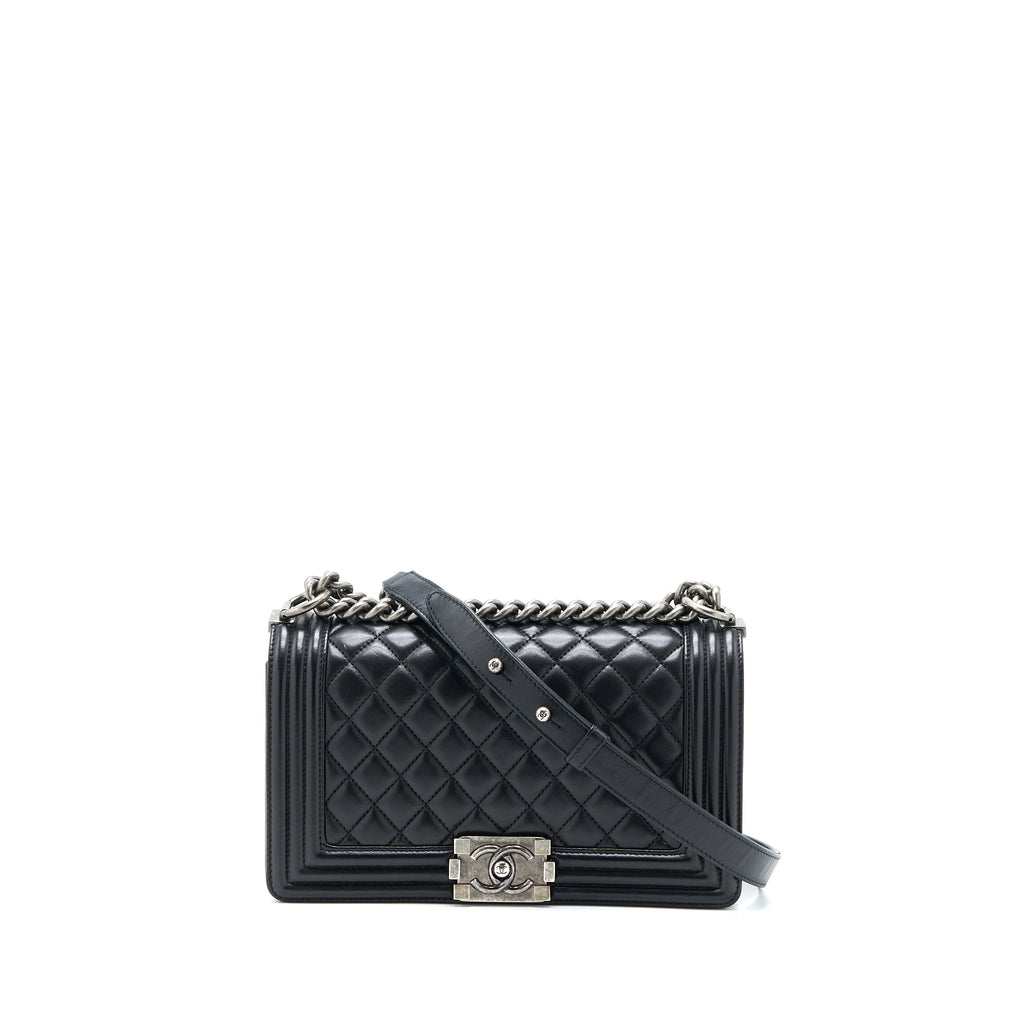 CHANEL MEDIUM BOY BAG LAMBSKIN BLACK RUTHENIUM SHW