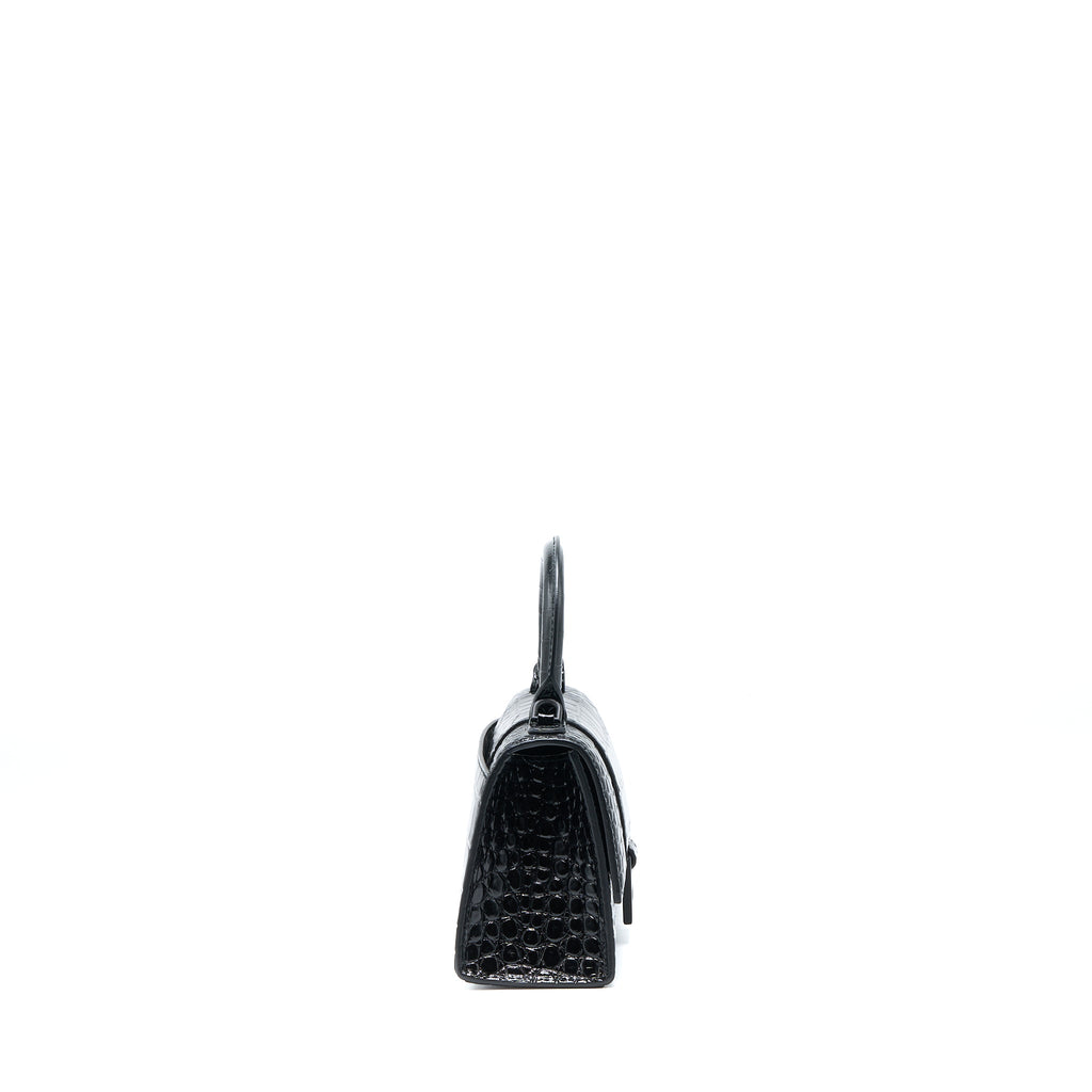 BALENCIAGA HOURGLASS XS CROC-EMBOSSED CALFSKIN SO BLACK