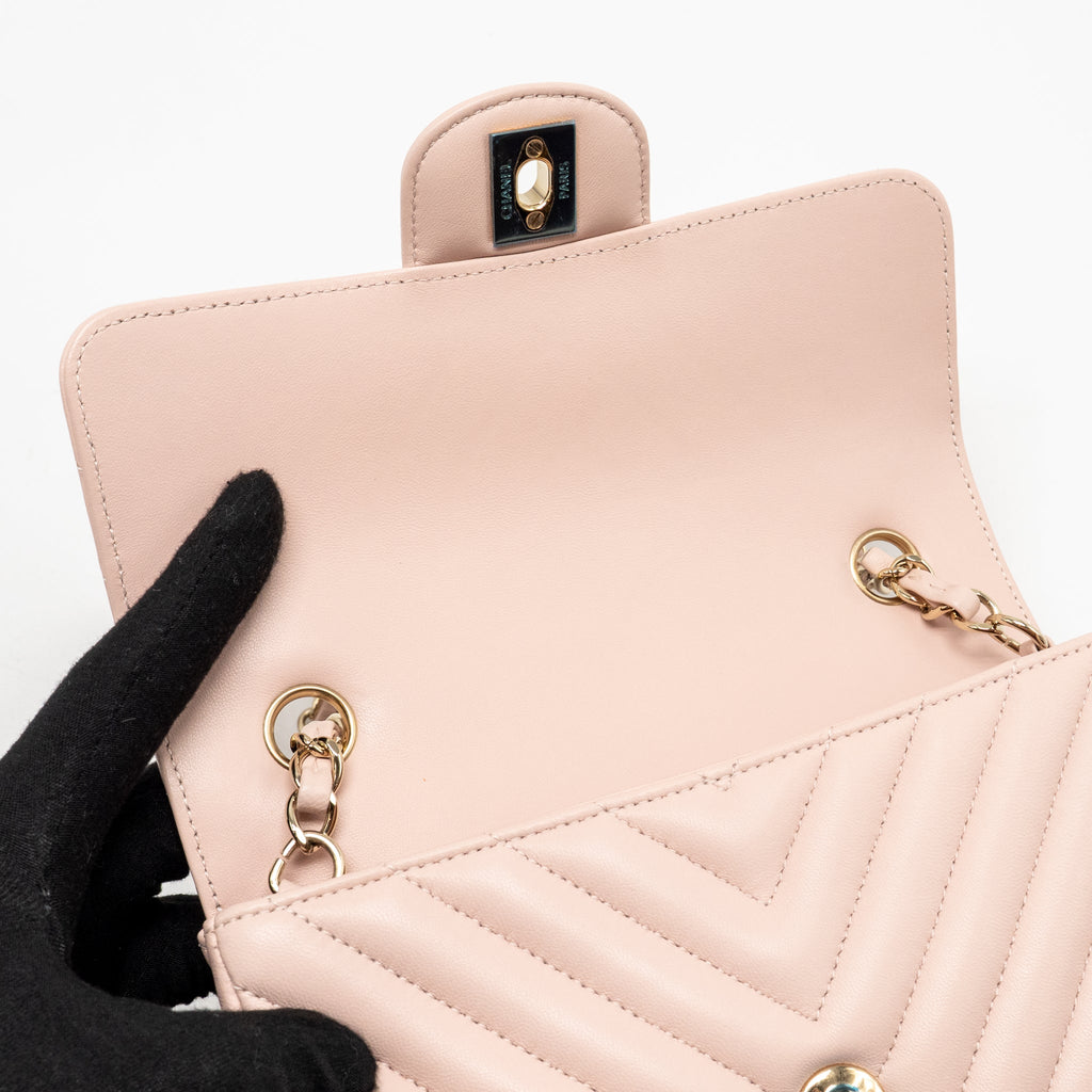 CHANEL MINI RECTANGULAR FLAP BAG CHEVRON LAMBSKIN PINK LGHW