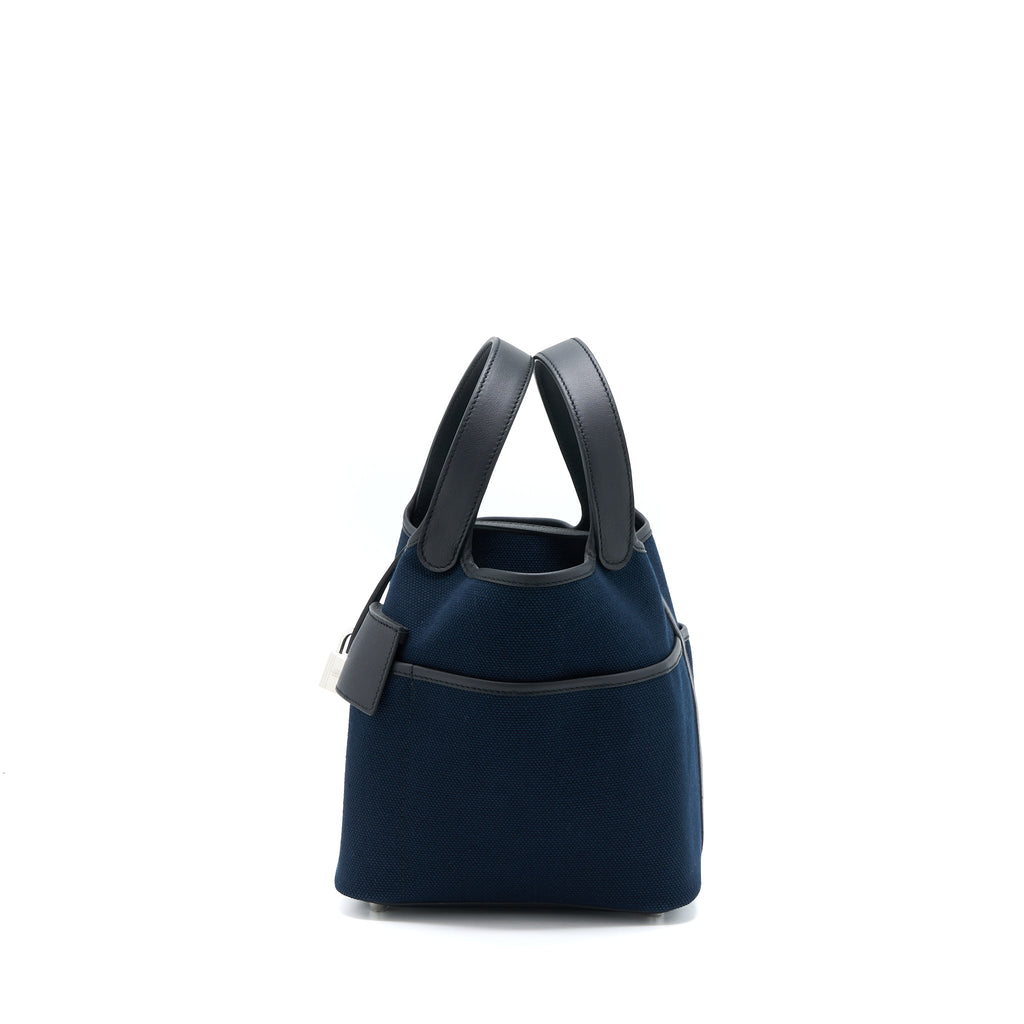 HERMES PICOTIN CARGO 18 LOCK BAG SWIFT AND TOILE CANVAS BLUE MARINE /BLACK SHW