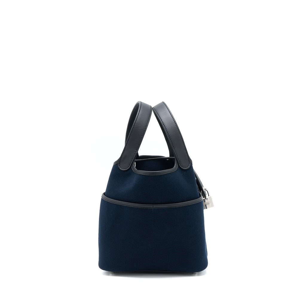 HERMES PICOTIN CARGO 18 LOCK BAG SWIFT AND TOILE CANVAS BLUE MARINE /BLACK SHW