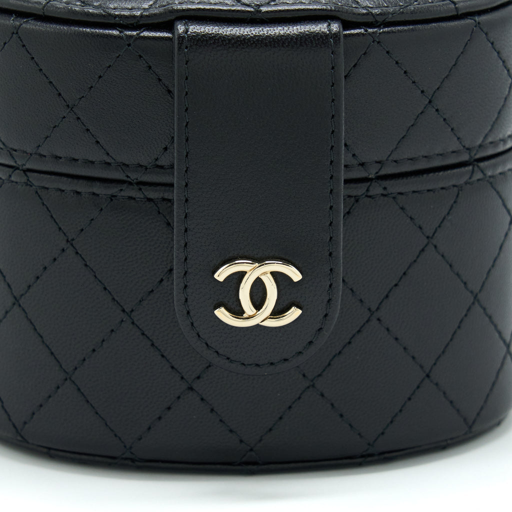 CHANEL MINI ROUND VANITY WITH CHAIN LAMBSKIN BLACK LGHW