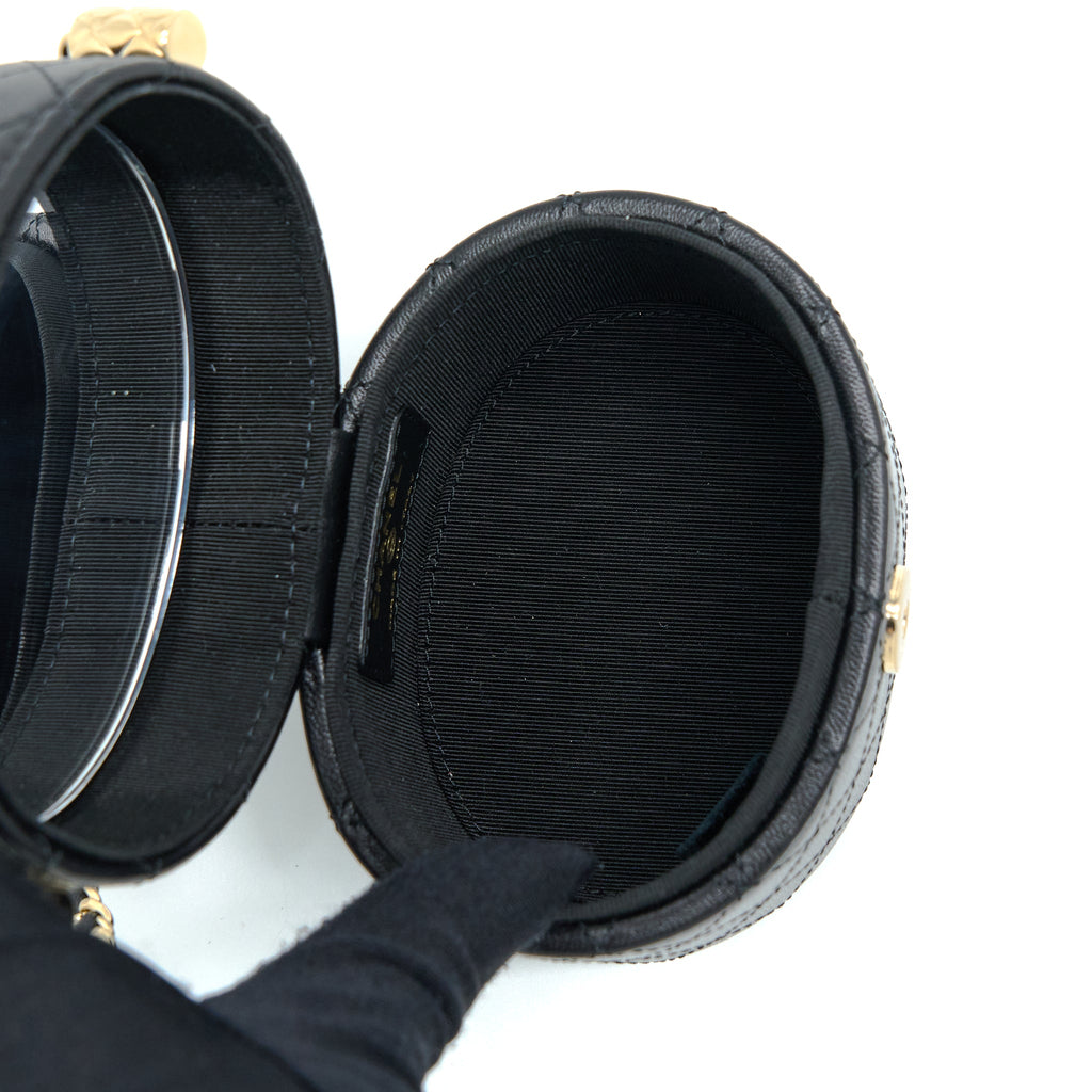 CHANEL MINI ROUND VANITY WITH CHAIN LAMBSKIN BLACK LGHW