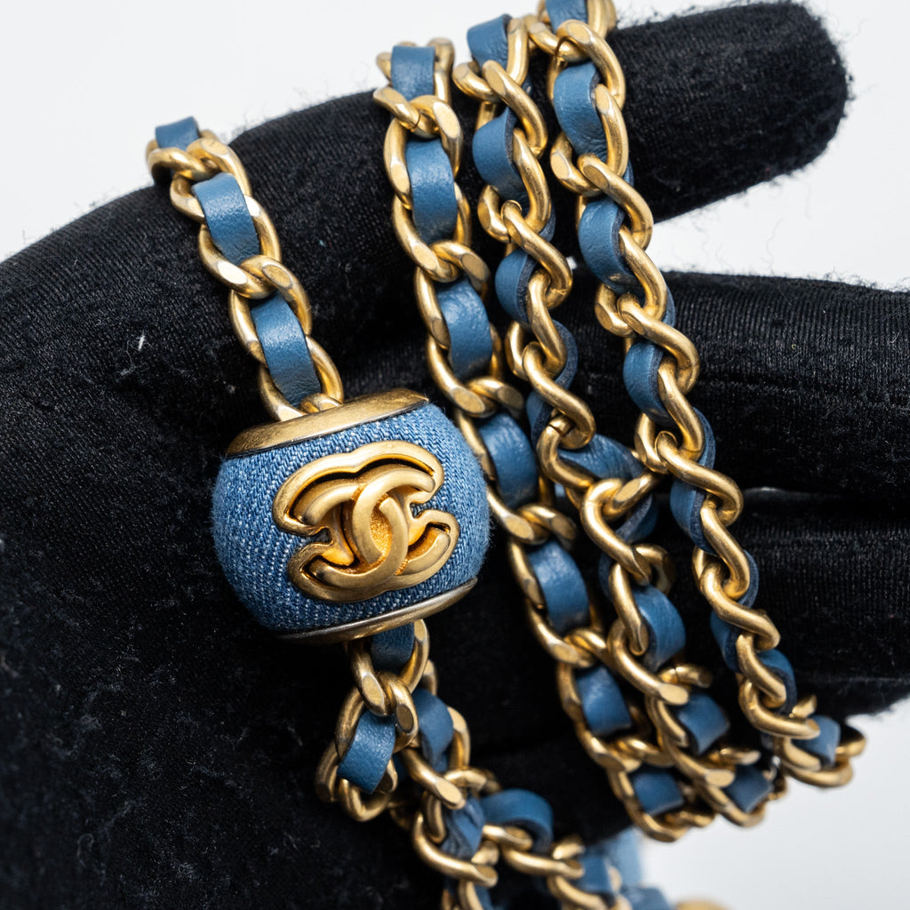 CHANEL 22C PEARL CRUSH WALLET ON CHAIN DENIM BLUE GHW (MICROCHIP)
