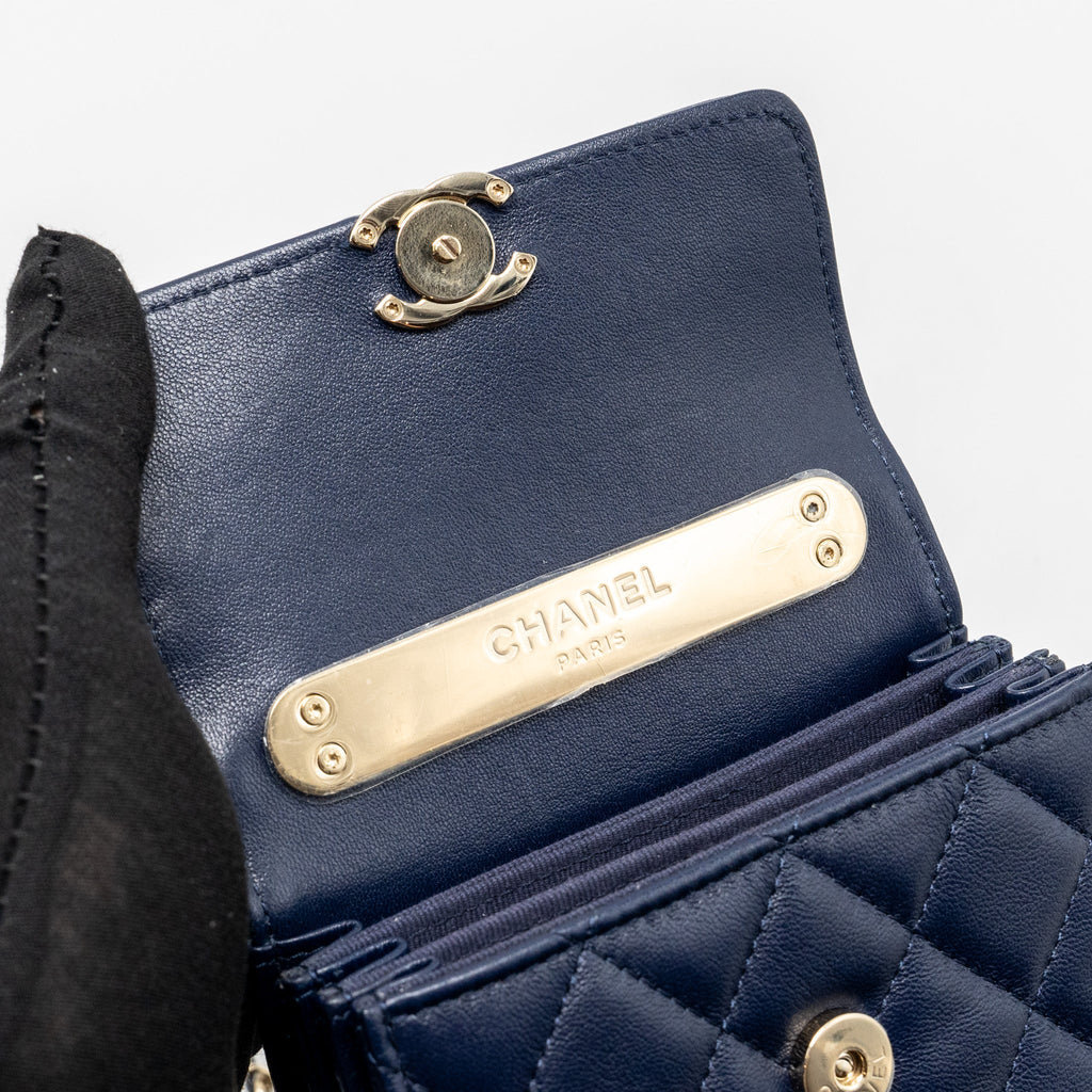 CHANEL TOP HANDLE MINI FLAP CLUTCH LAMBSKIN NAVY LGHW (MICROCHIP)