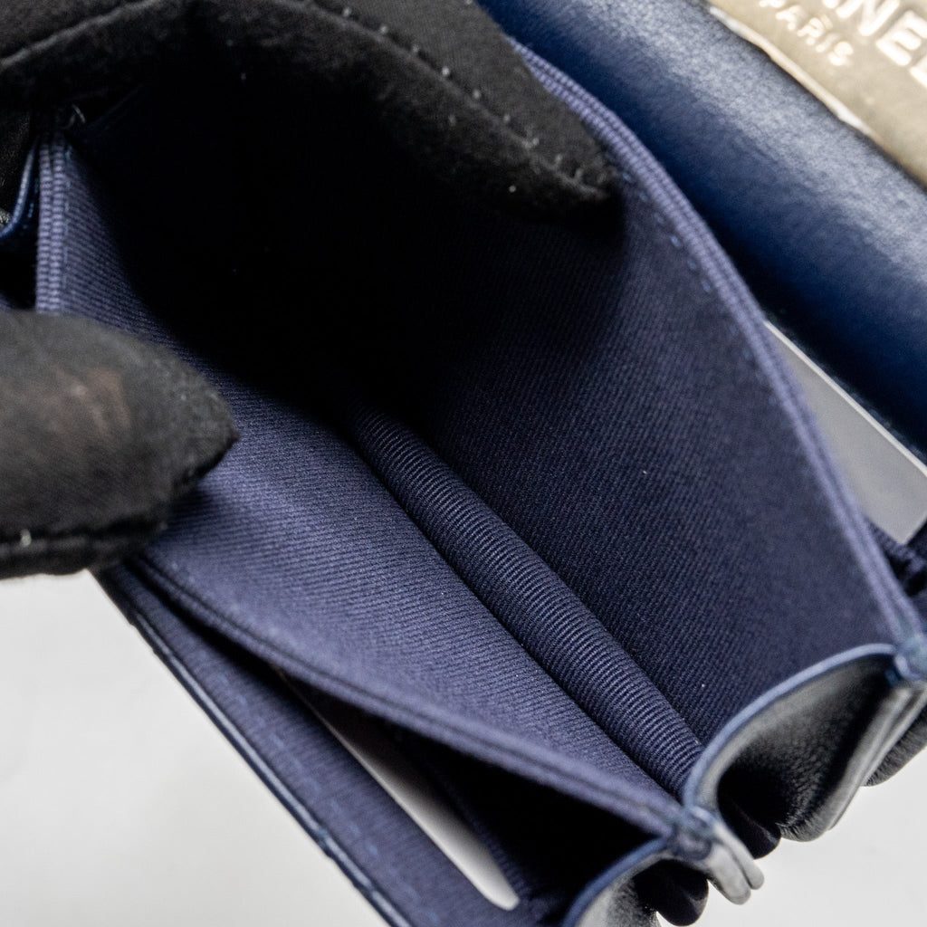 CHANEL TOP HANDLE MINI FLAP CLUTCH LAMBSKIN NAVY LGHW (MICROCHIP)