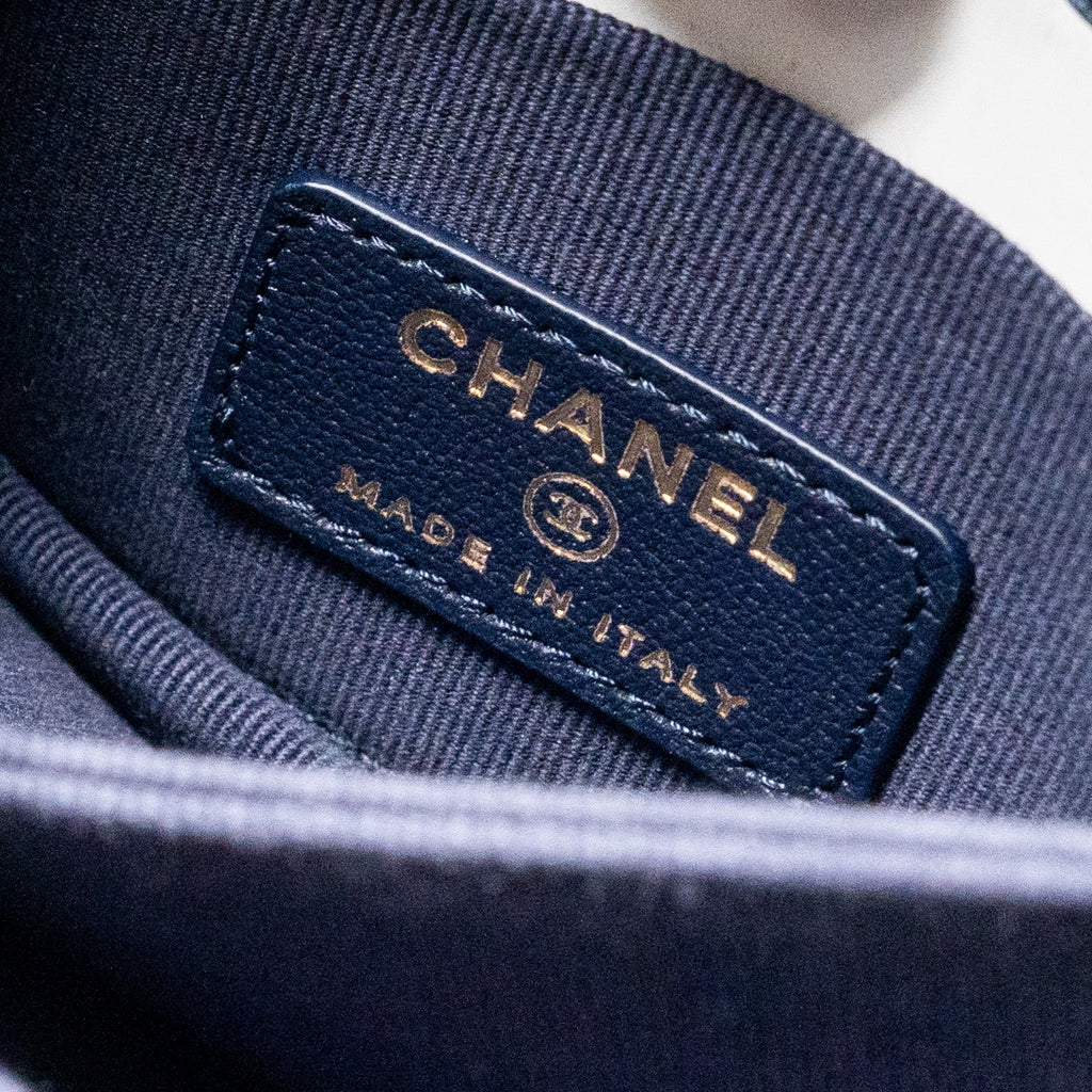 CHANEL TOP HANDLE MINI FLAP CLUTCH LAMBSKIN NAVY LGHW (MICROCHIP)