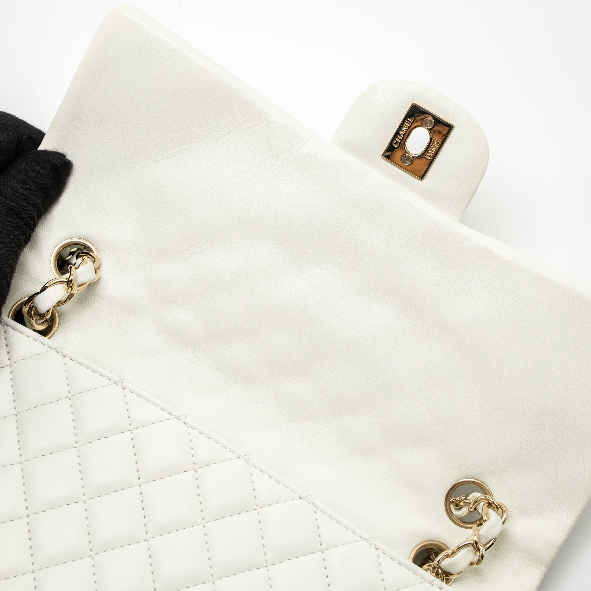 CHANEL QUILTED FLAP BAG WITH HEART CHARM LAMBSKIN WHITE LGHW