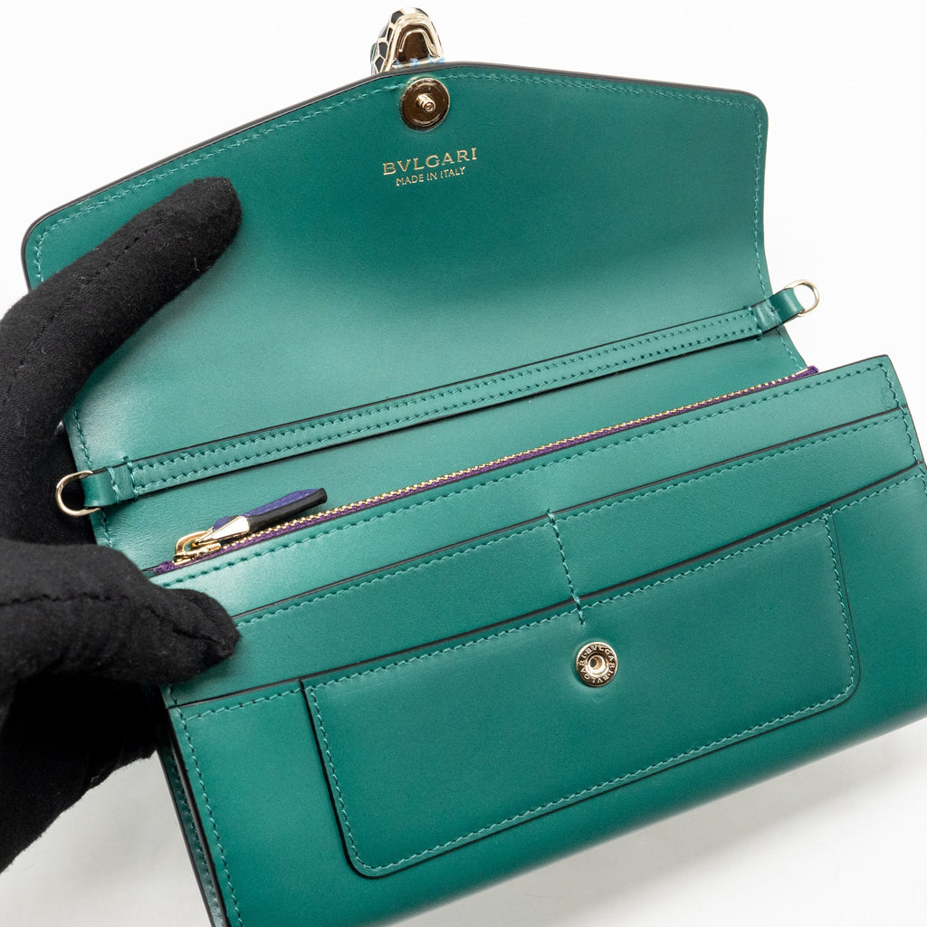 BVLGARI SERPENTI FLAP WALLET WITH CHAIN CALFSKIN GREEN LGHW
