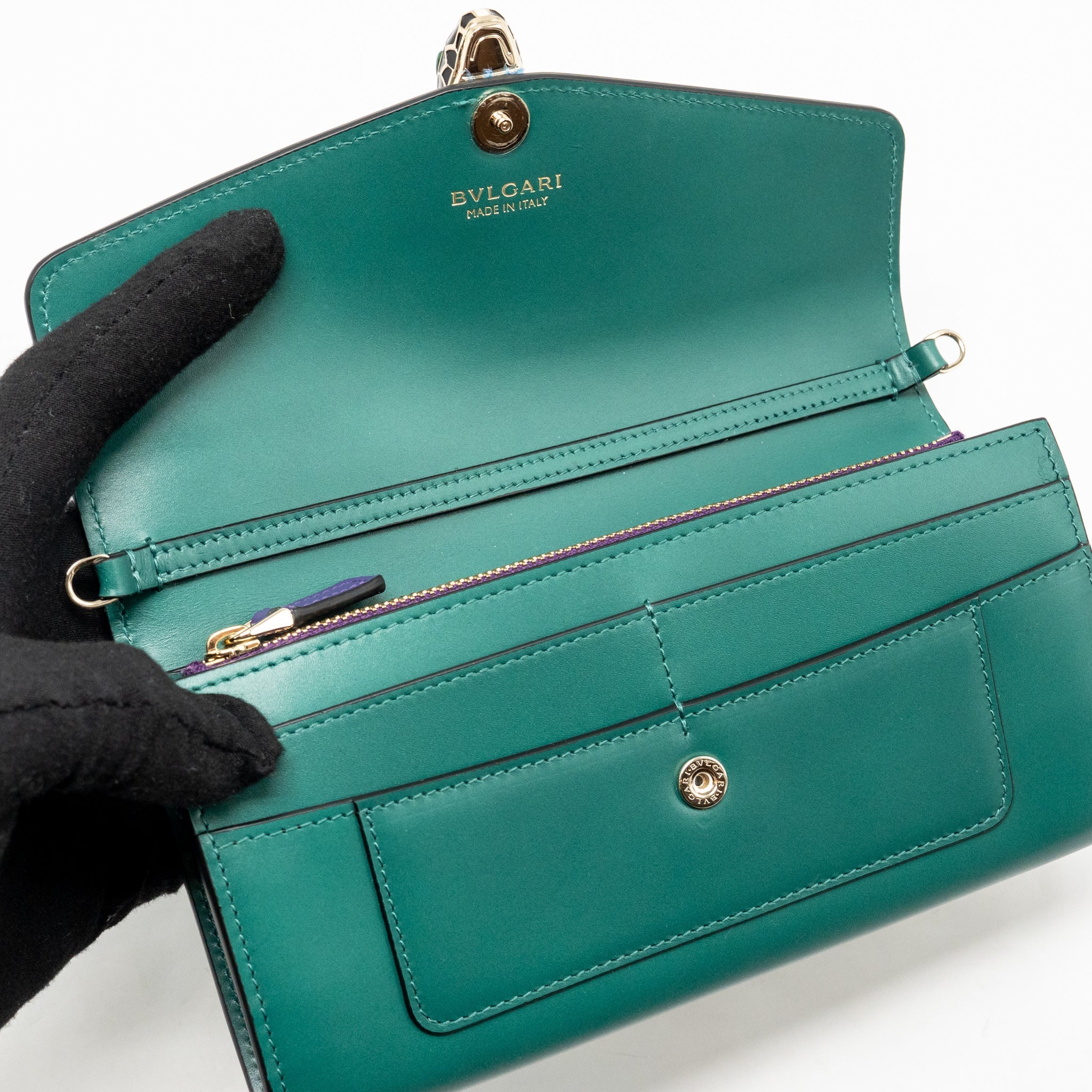 BVLGARI SERPENTI FLAP WALLET WITH CHAIN CALFSKIN GREEN LGHW