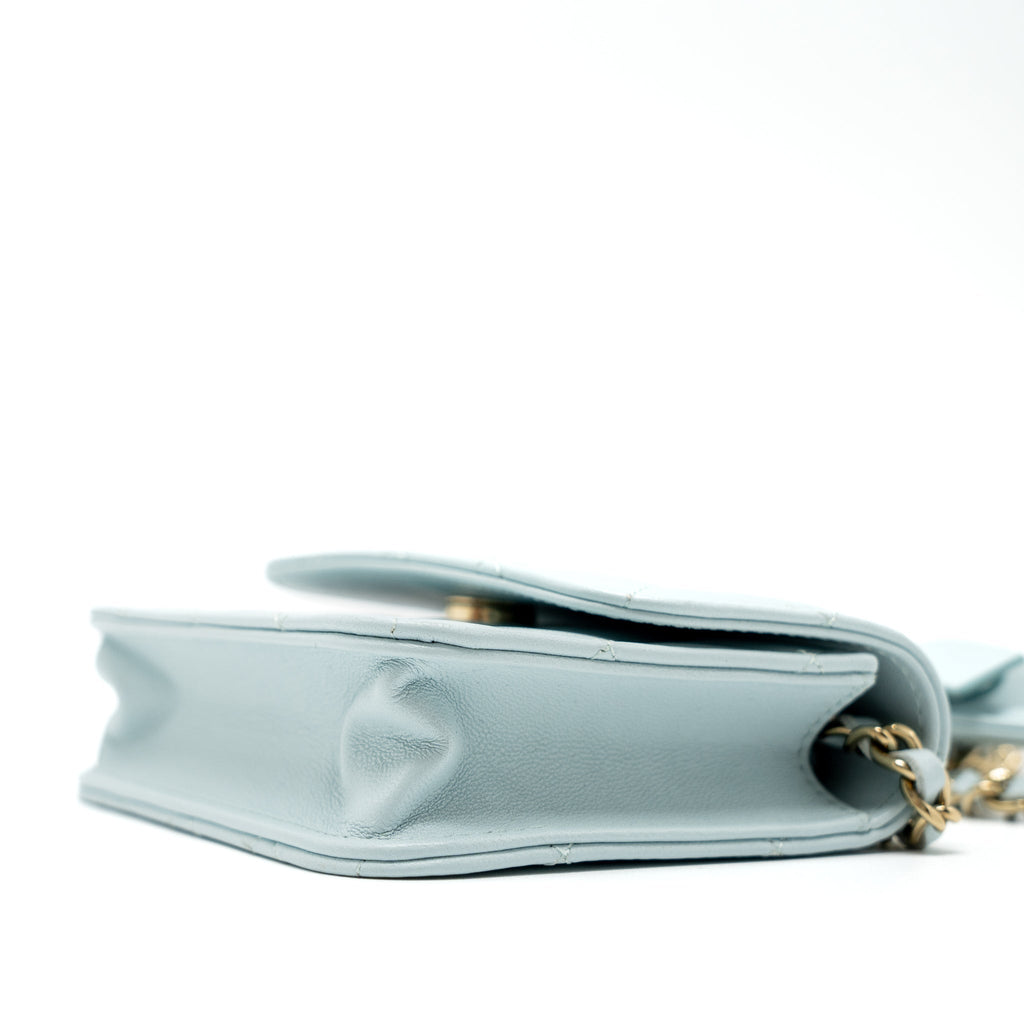CHANEL MINI FLAP BAG RIBBON CHAINS LAMBSKIN LIGHT BLUE LGHW