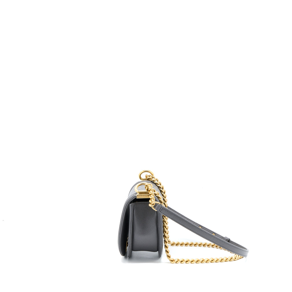 CHANEL 22A BOY MESSENGER BAG CAVIAR GREY GHW (MICROCHIP)