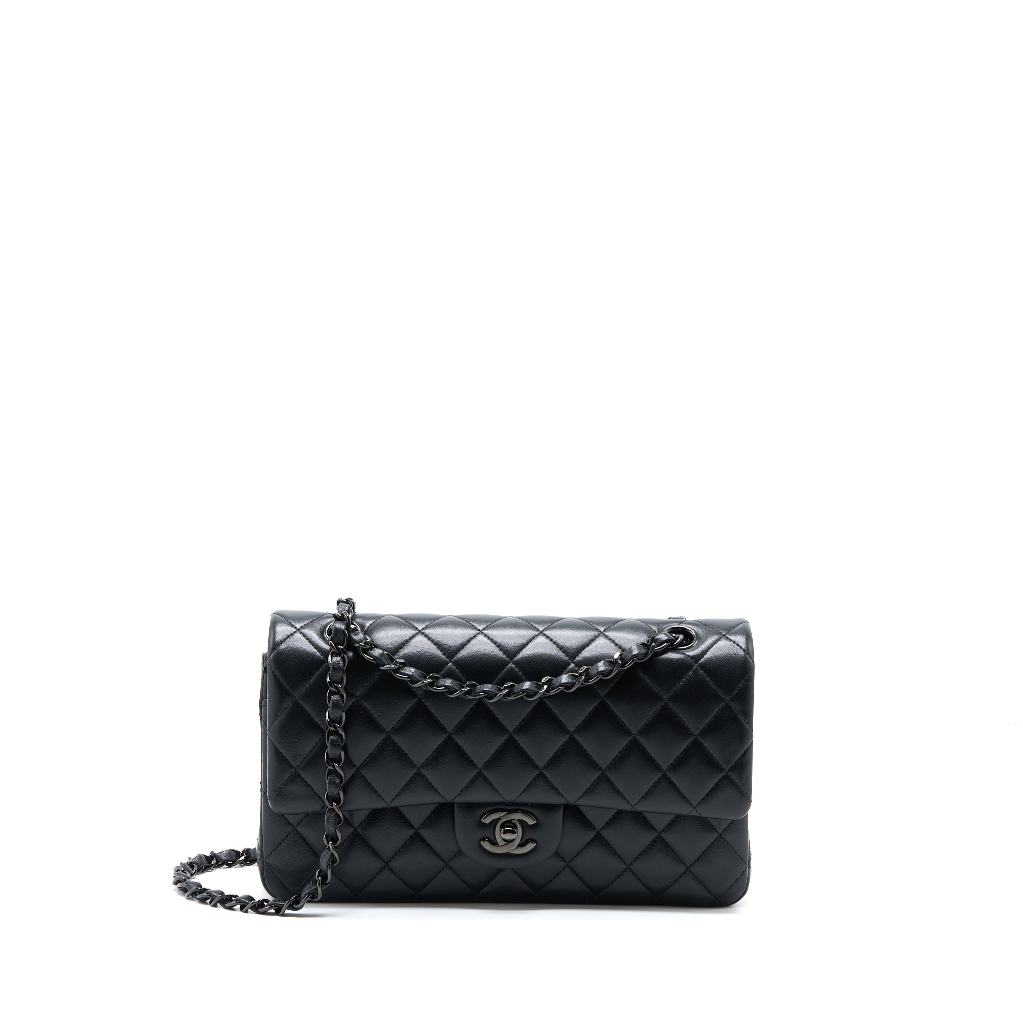 CHANEL MEDIUM CLASSIC DOUBLE FLAP BAG LAMBSKIN SO BLACK WITH BLACK HARDWARE (MICROCHIP)