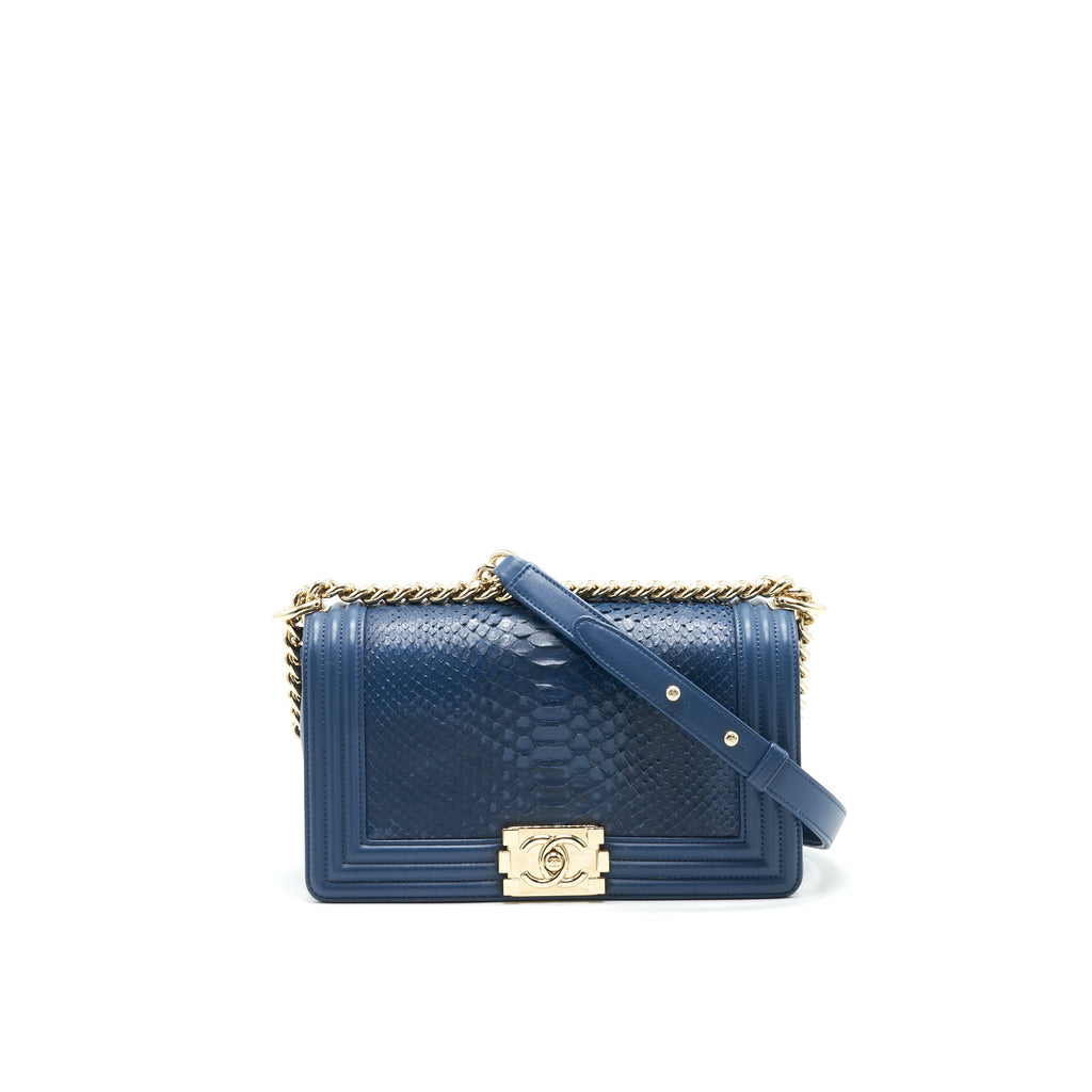 CHANEL MEDIUM BOY FLAP BAG PYTHON LEATHER BLUE LGHW