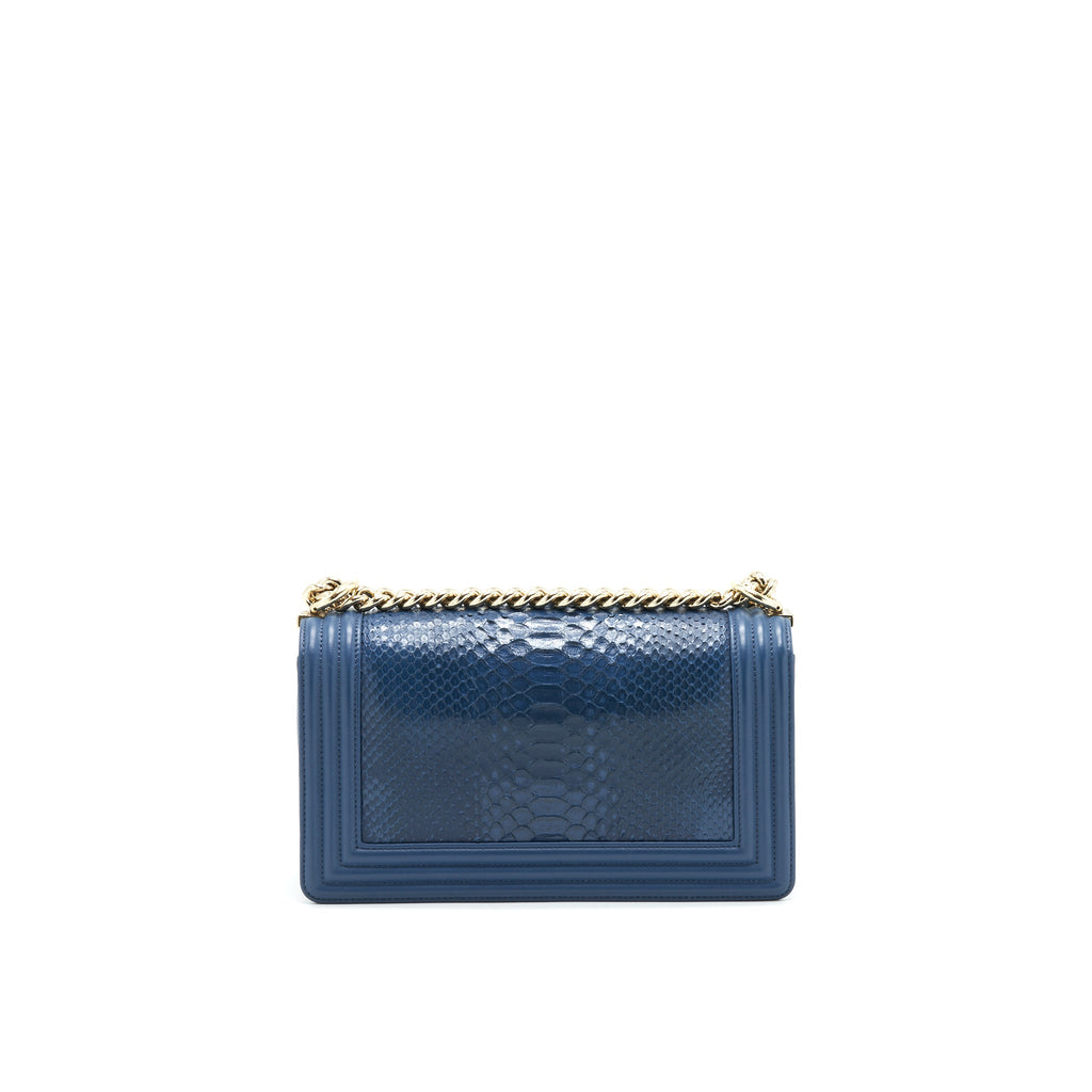 CHANEL MEDIUM BOY FLAP BAG PYTHON LEATHER BLUE LGHW
