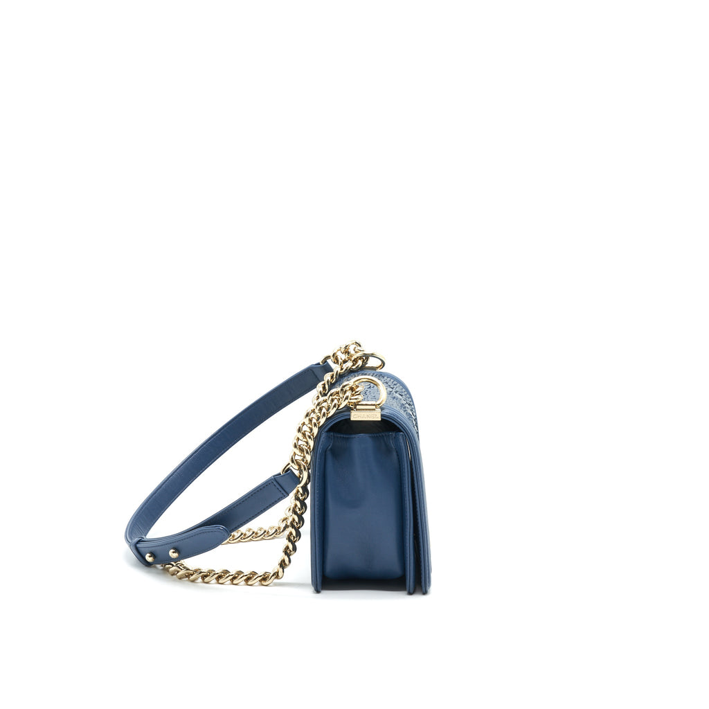 CHANEL MEDIUM BOY FLAP BAG PYTHON LEATHER BLUE LGHW
