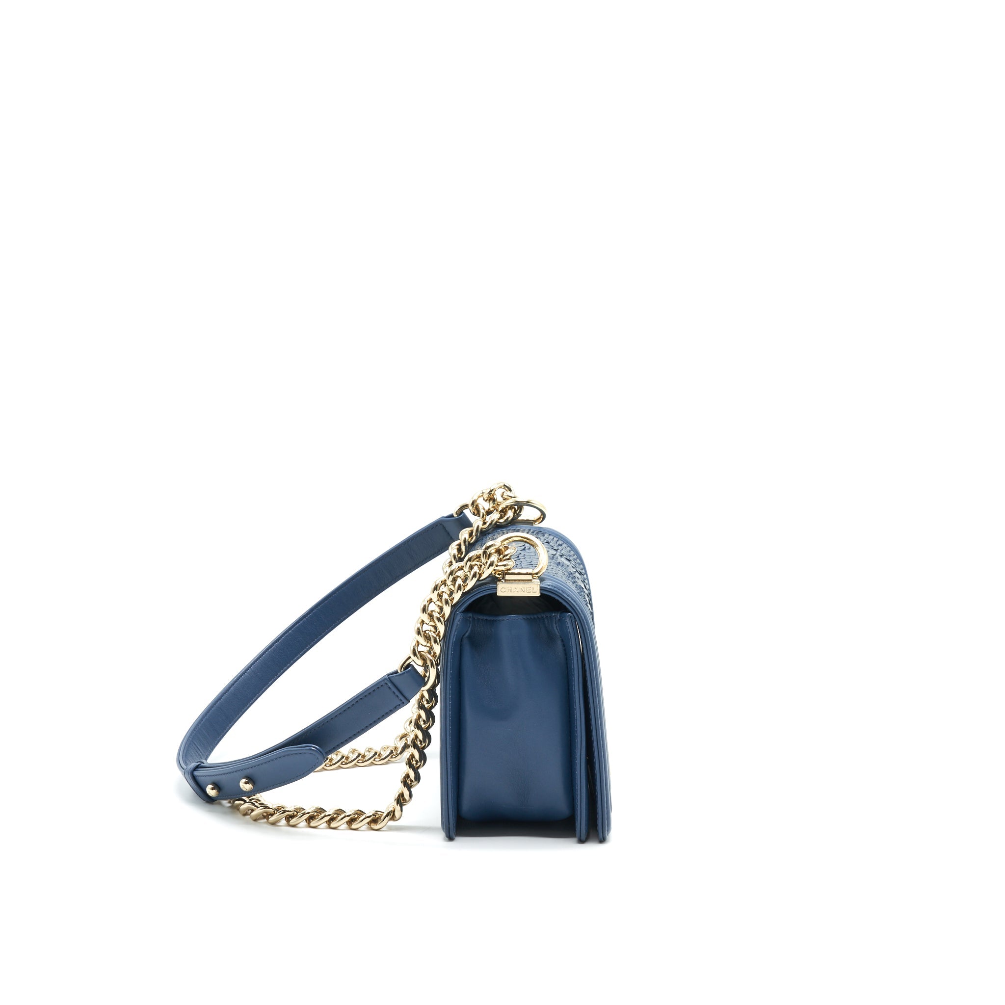 CHANEL MEDIUM BOY FLAP BAG PYTHON LEATHER BLUE LGHW