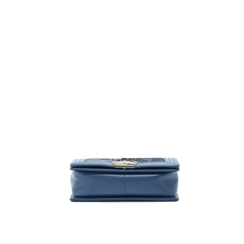 CHANEL MEDIUM BOY FLAP BAG PYTHON LEATHER BLUE LGHW