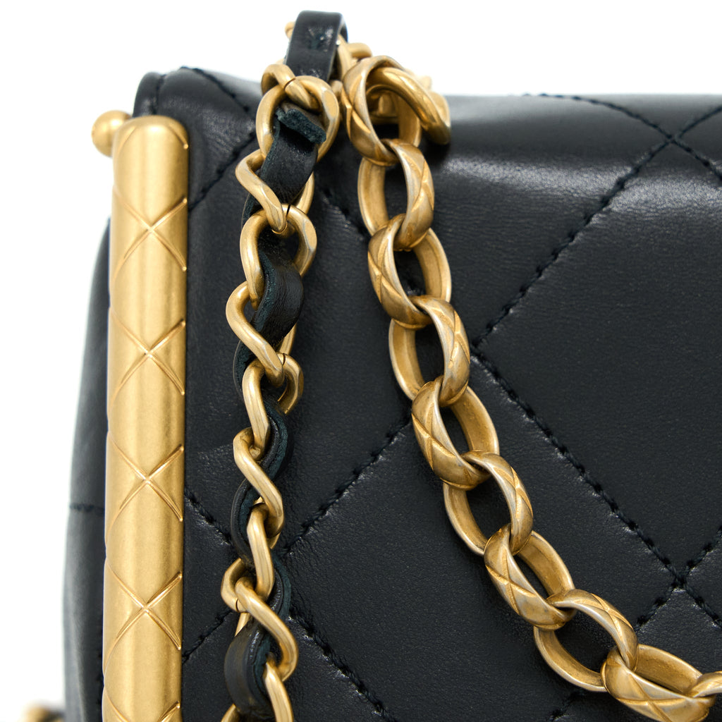 CHANEL KISS LOCK CLASP BAG LAMBSKIN BLACK BRUSHED GHW