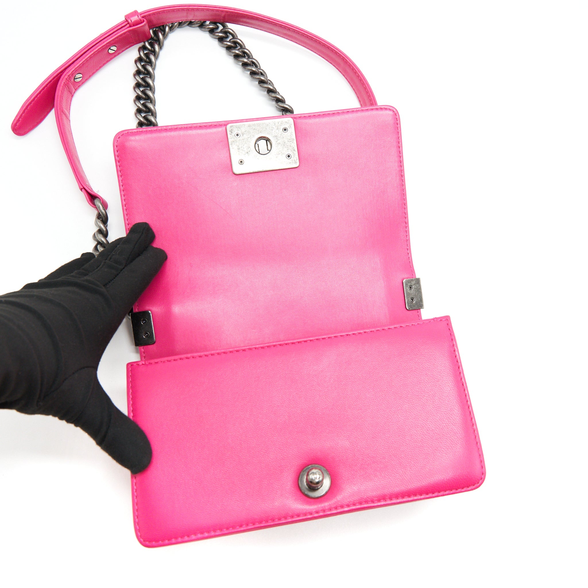 CHANEL SMALL BOY BAG LAMBSKIN RUTHENIUM HARDWARE HOT PINK