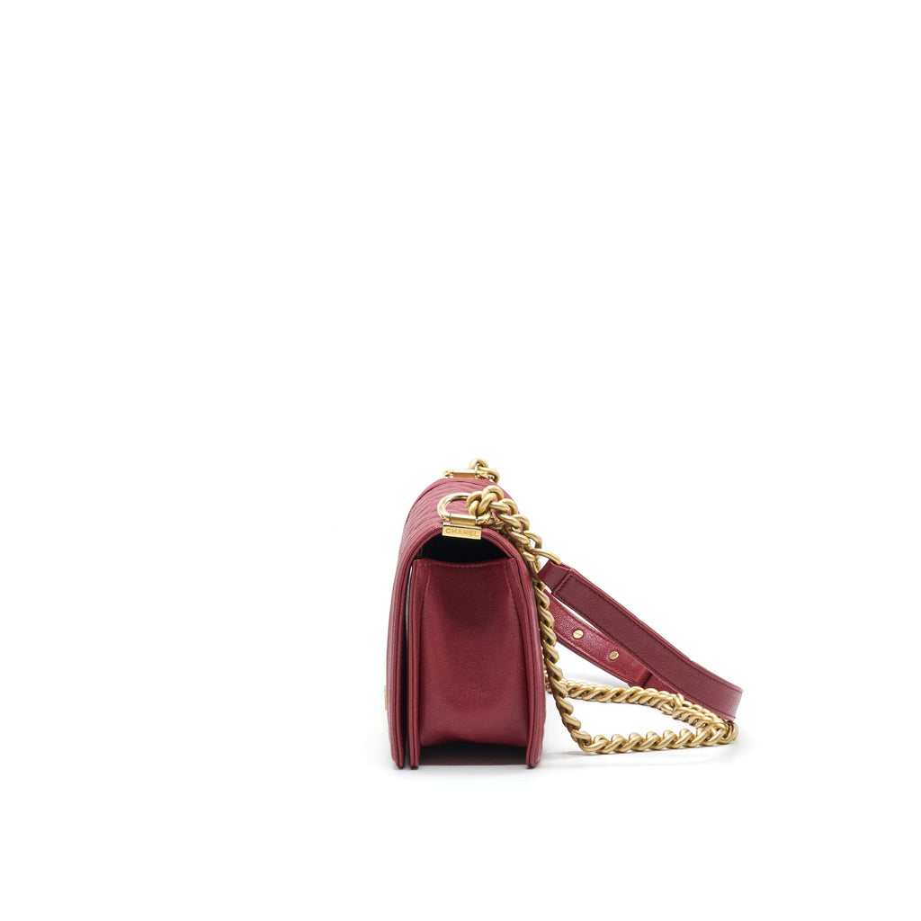 CHANEL MEDIUM BOY BAG CAVIAR RASPBERRY RED BRUSHED GHW
