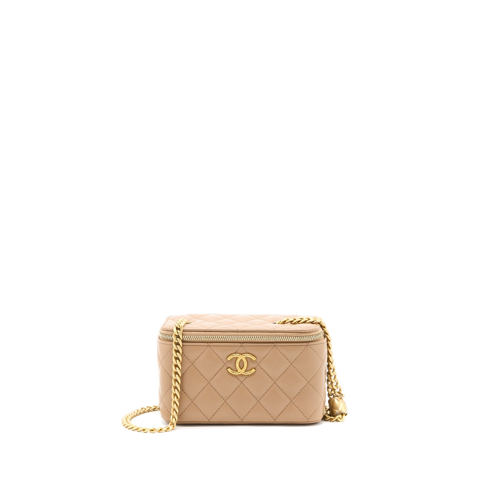 CHANEL 22K GOLD PILLAR ADJUSTABLE CHAIN LONG VANITY LAMBSKIN BEIGE BRUSHED GHW (MICROCHIP)