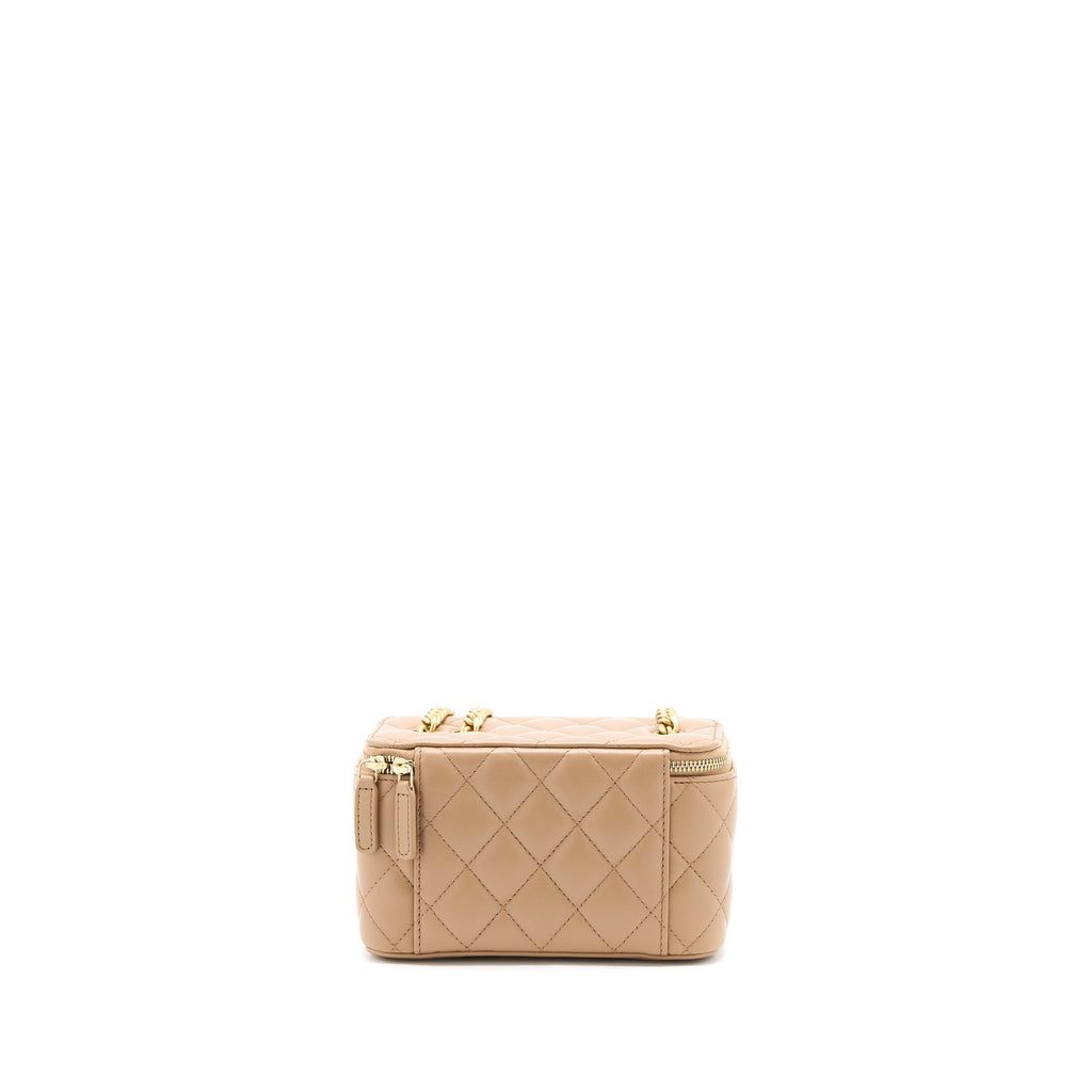 CHANEL 22K GOLD PILLAR ADJUSTABLE CHAIN LONG VANITY LAMBSKIN BEIGE BRUSHED GHW (MICROCHIP)