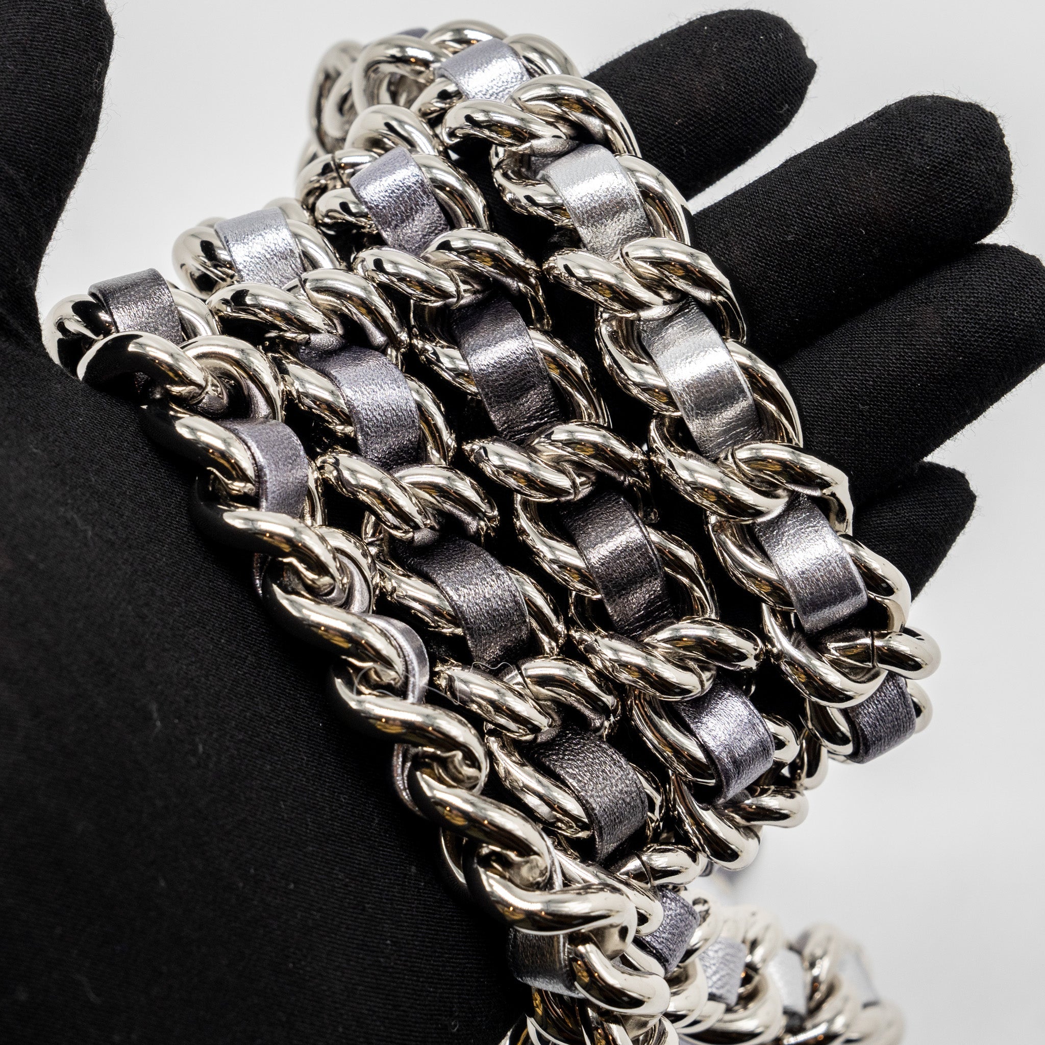 CHANEL MINI VANITY WITH GIANT CHAIN LAMBSKIN METALLIC GREY SHW