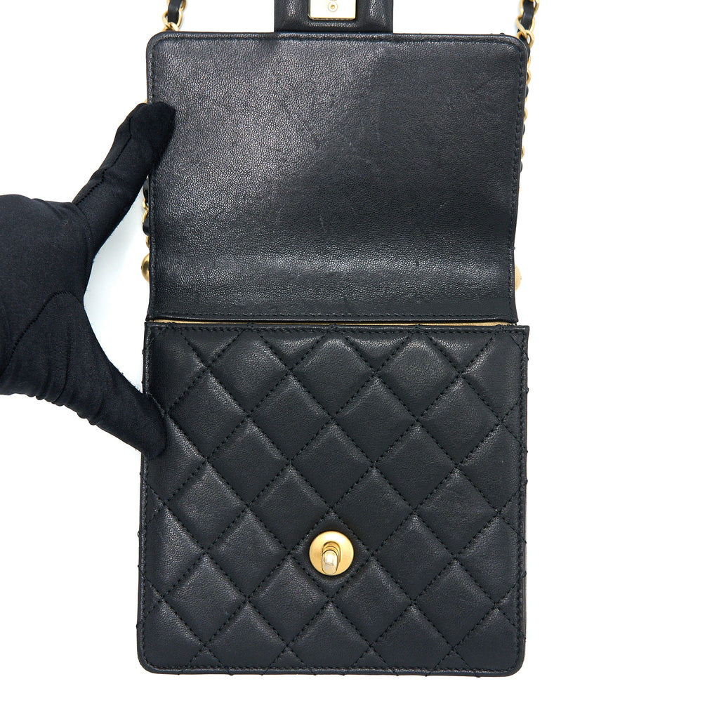 CHANEL VERTICAL PEARL FLAP BAG GOATSKIN BLACK GHW