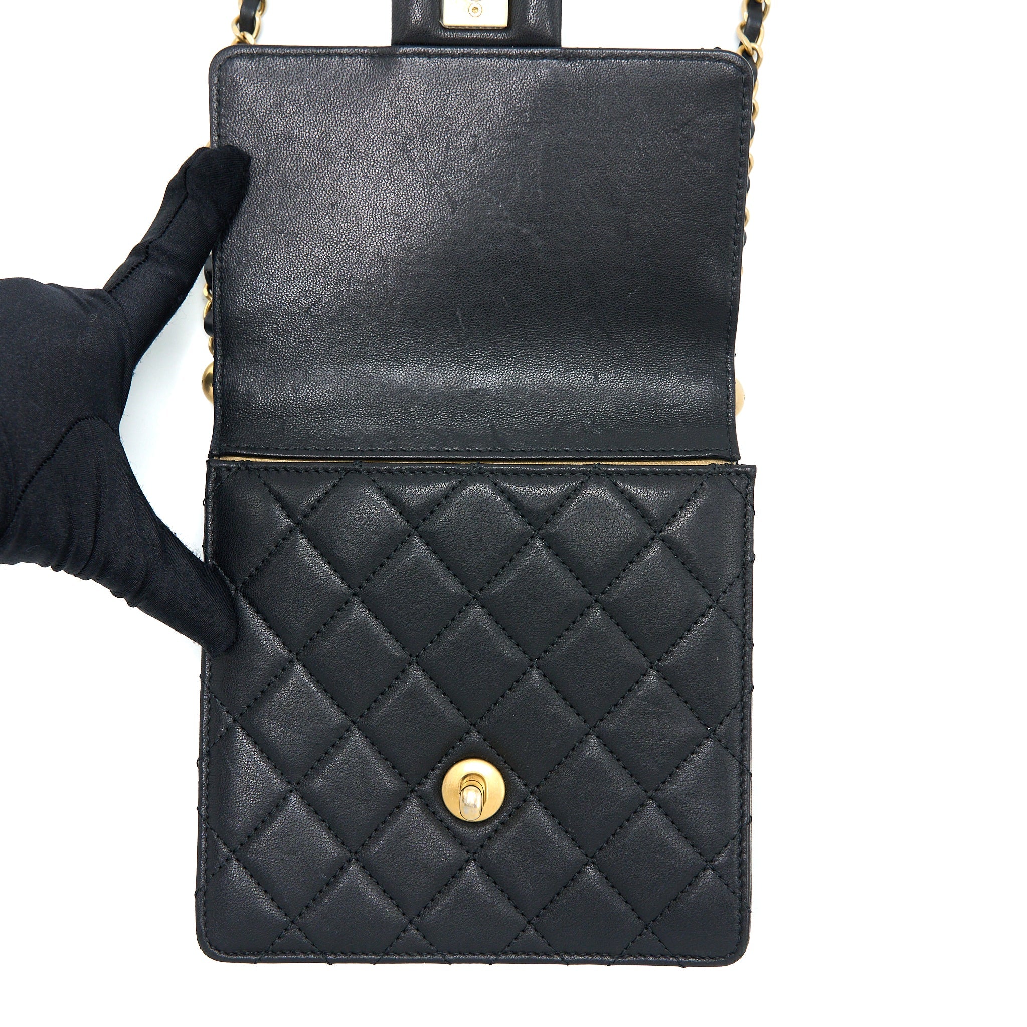 CHANEL VERTICAL PEARL FLAP BAG GOATSKIN BLACK GHW