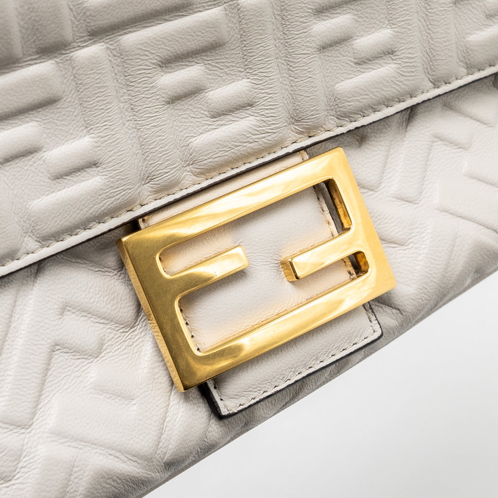 FENDI MEDIUM BAGUETTE BAG FF EMBOSSED NAPPA GREY GHW