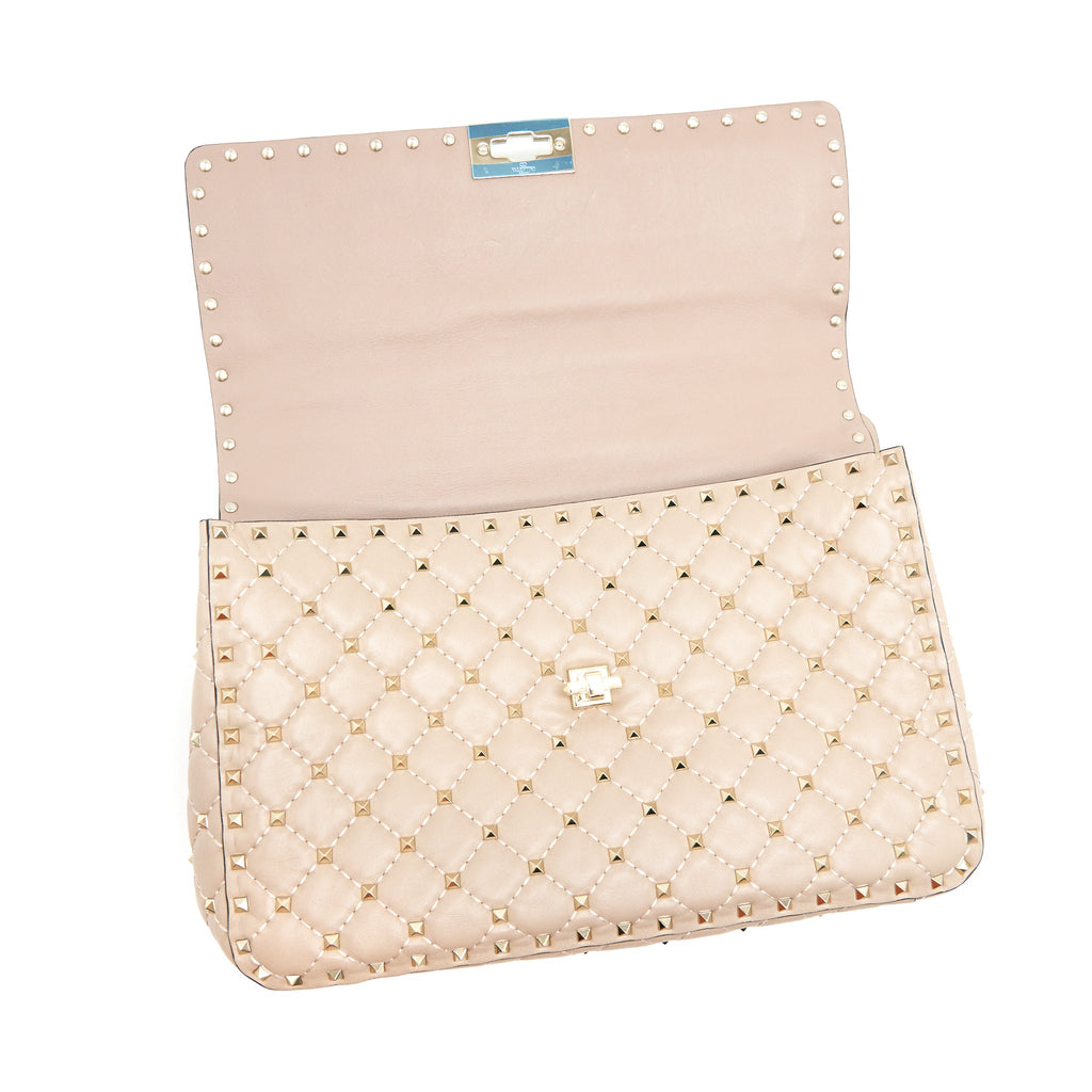 VALENTINO GARAVANI LARGE ROCKSTUD SPIKE SHOULDER BAG BEIGE LGHW