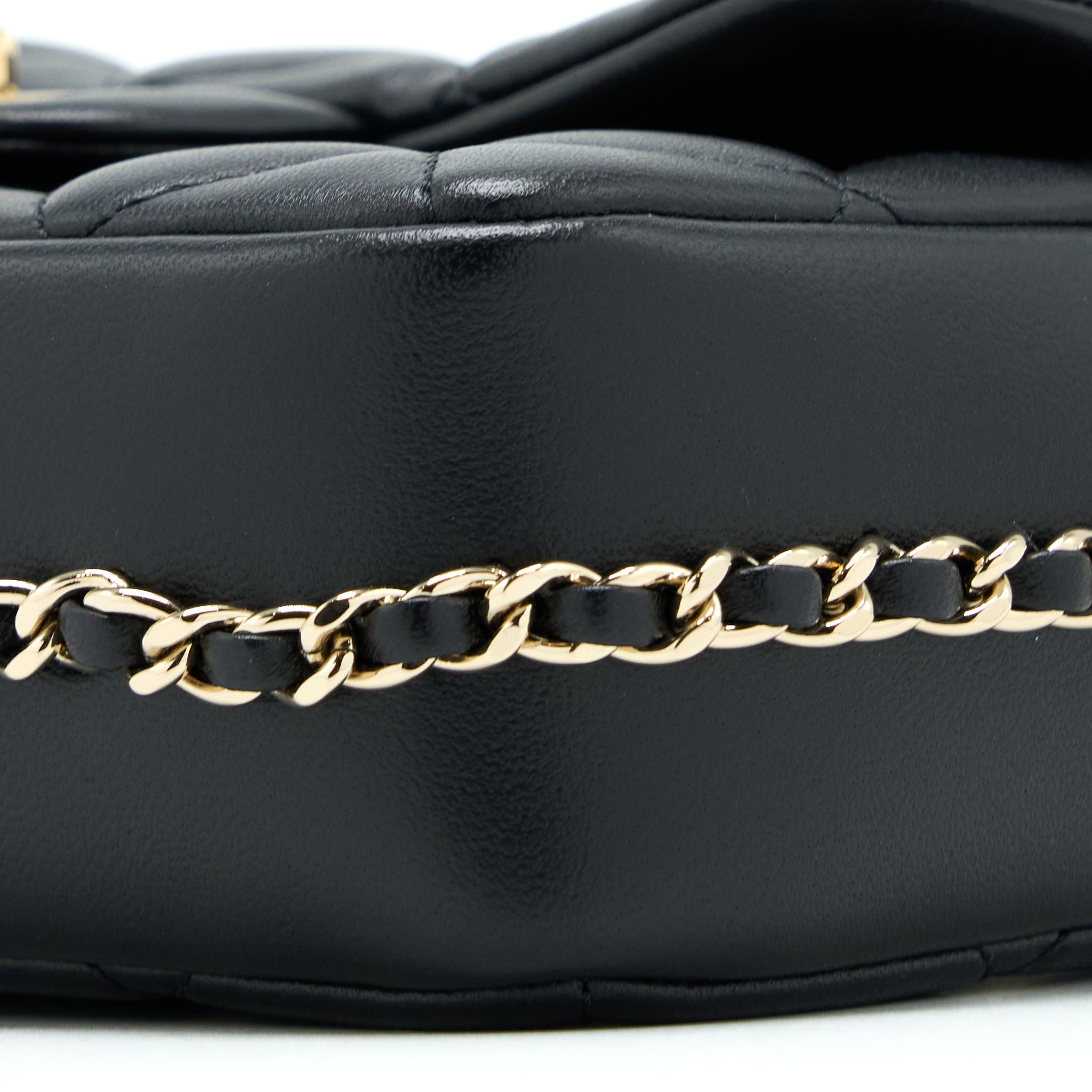 CHANEL SMALL PEARL LOGO STRAP FLAP BAG LAMBSKIN BLACK LGHW