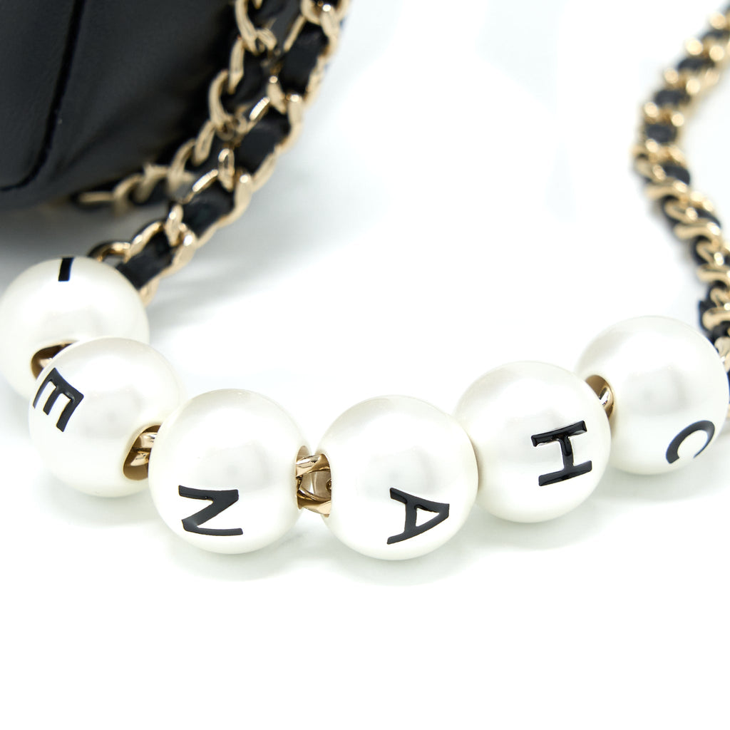 CHANEL SMALL PEARL LOGO STRAP FLAP BAG LAMBSKIN BLACK LGHW