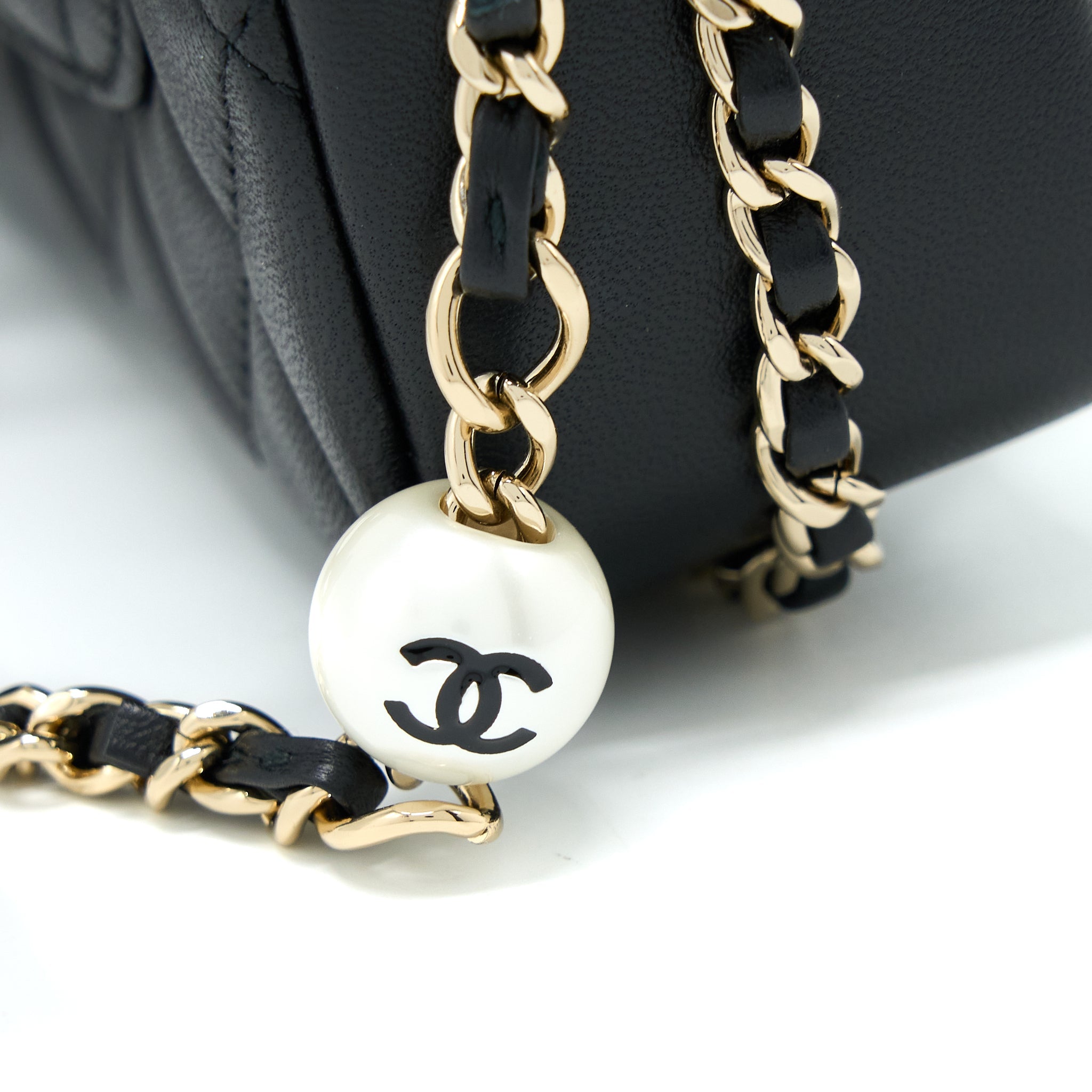CHANEL SMALL PEARL LOGO STRAP FLAP BAG LAMBSKIN BLACK LGHW
