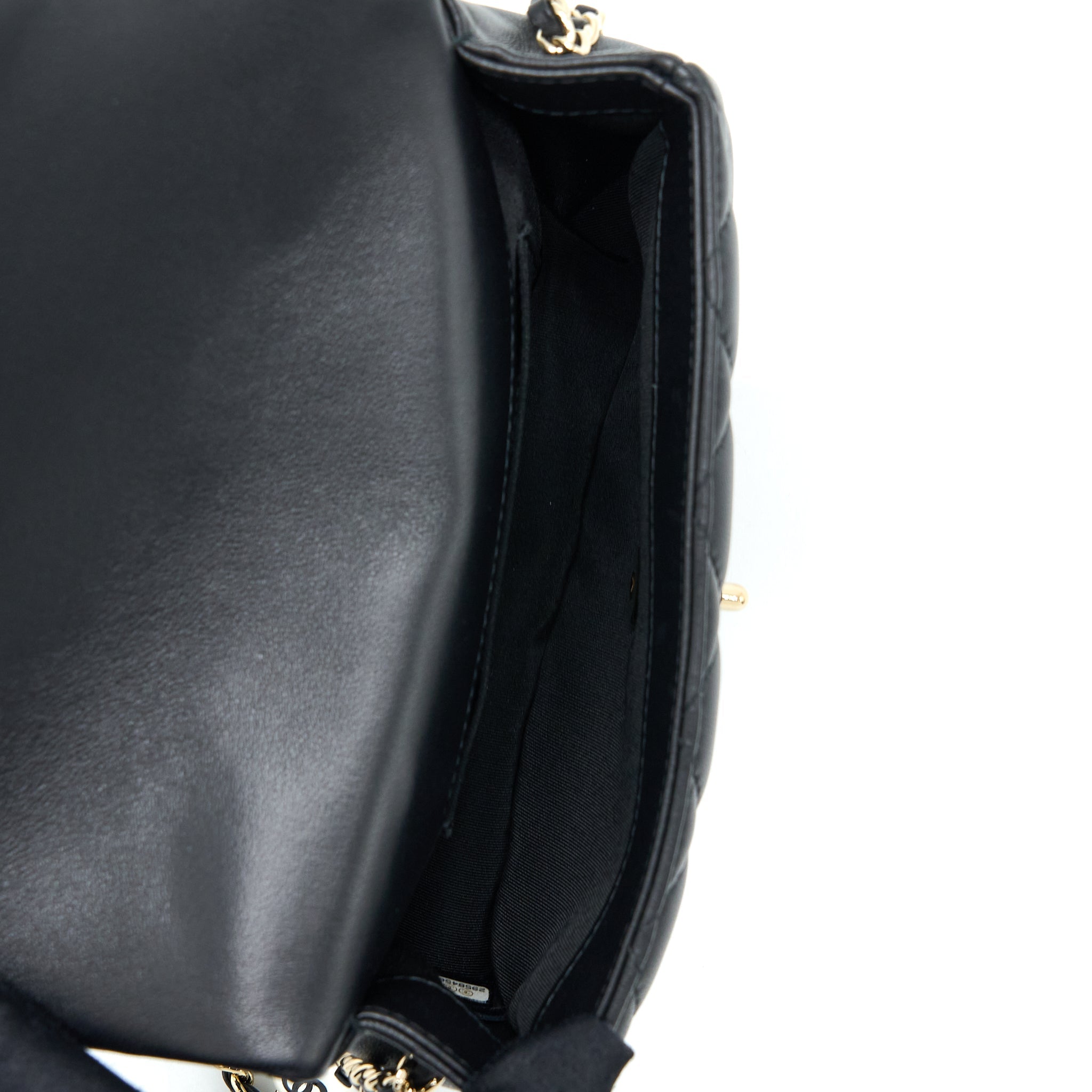 CHANEL SMALL PEARL LOGO STRAP FLAP BAG LAMBSKIN BLACK LGHW