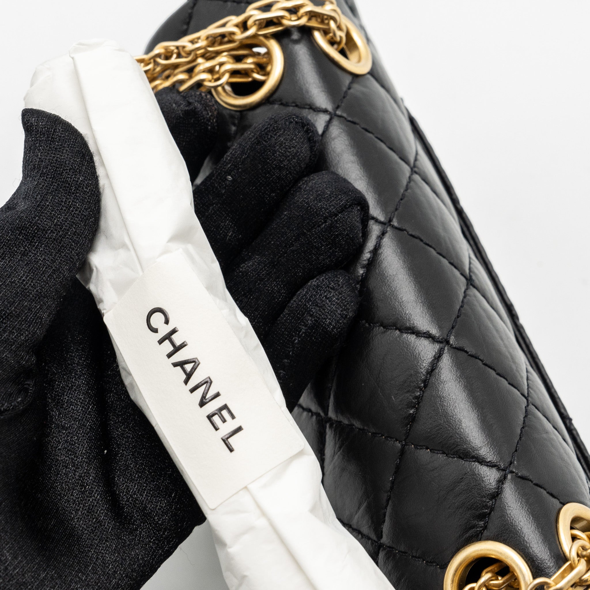 CHANEL MINI 2.55 REISSUE FLAP BAG AGED CALFSKIN BLACK BRUSHED GHW (MICROCHIP)