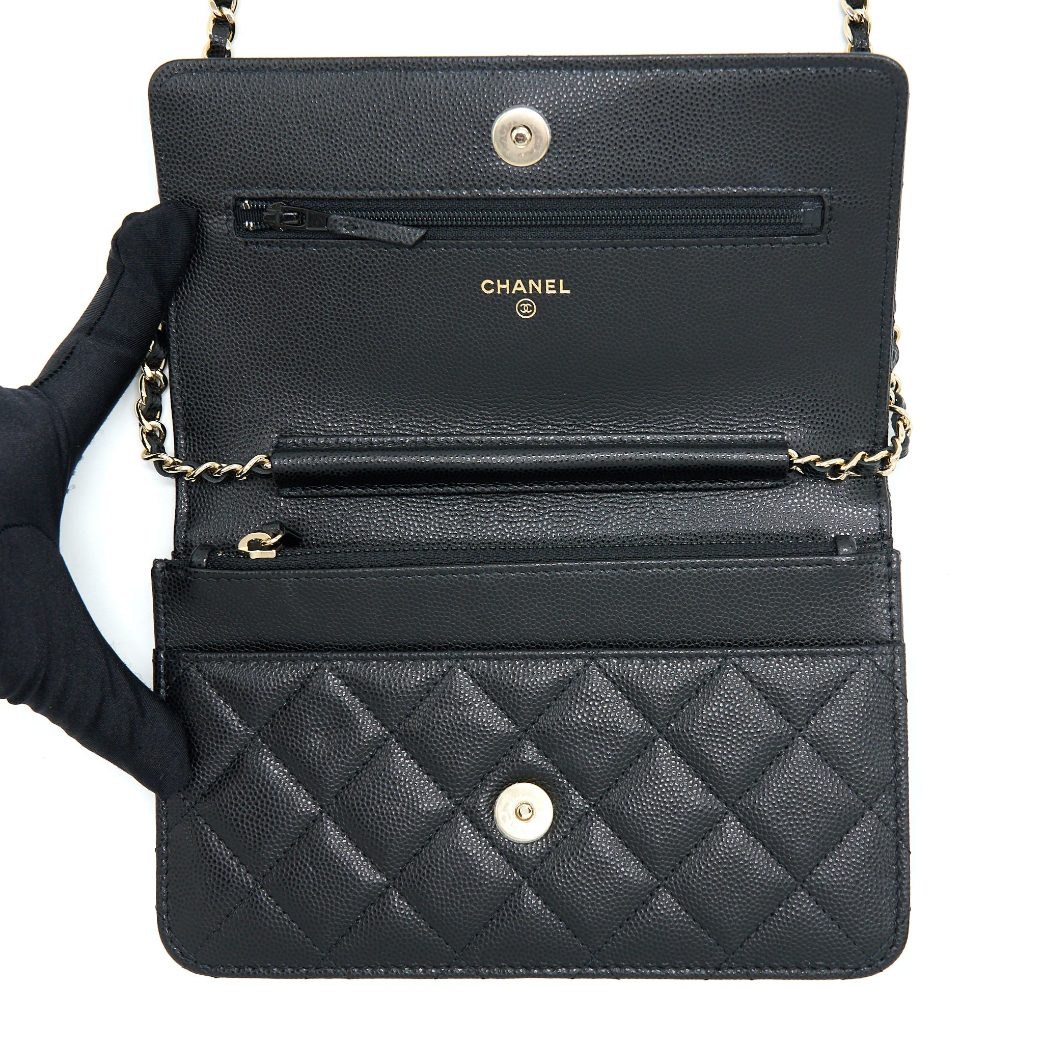 CHANEL 22S WALLET ON CHAINS WITH DETAIL CC LOGO CAVIAR BLACK LGHW