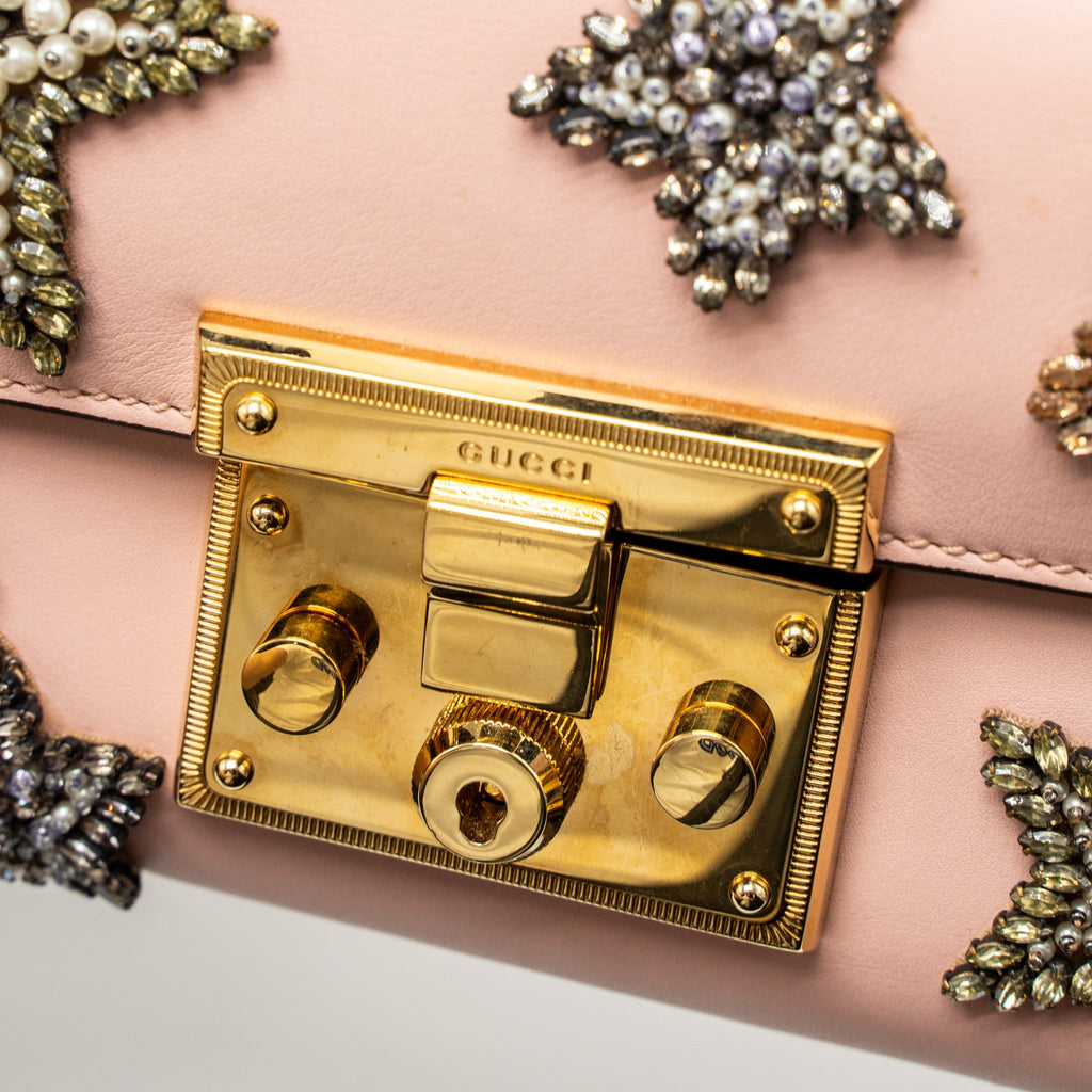 GUCCI PADLOCK CHAIN BAG CRYSTAL STAR LIMITED CALFSKIN PINK GHW