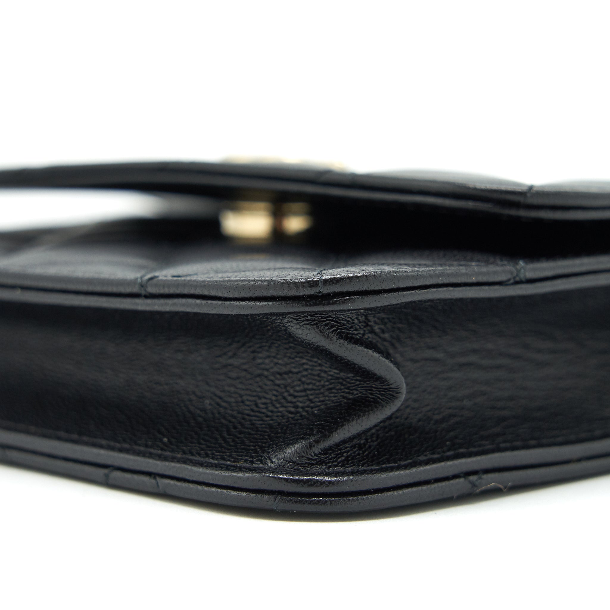 CHANEL MINI FLAP CARD HOLDER RIBBON CHAIN LAMBSKIN BLACK LGHW