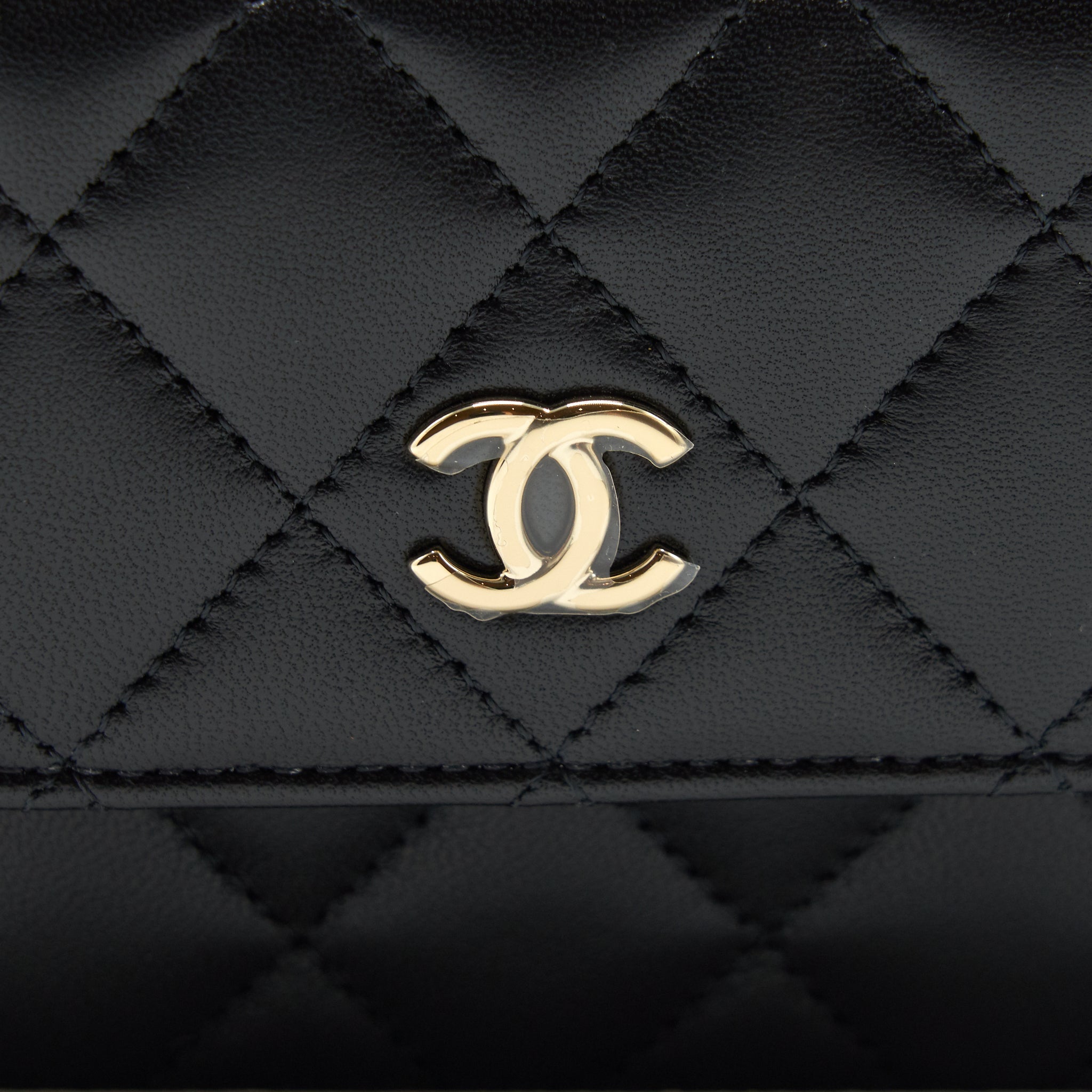 CHANEL MINI FLAP CARD HOLDER RIBBON CHAIN LAMBSKIN BLACK LGHW