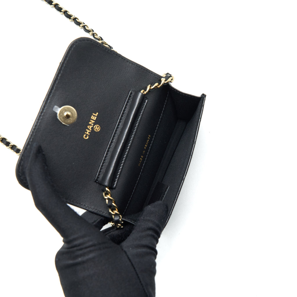 CHANEL MINI FLAP CARD HOLDER RIBBON CHAIN LAMBSKIN BLACK LGHW