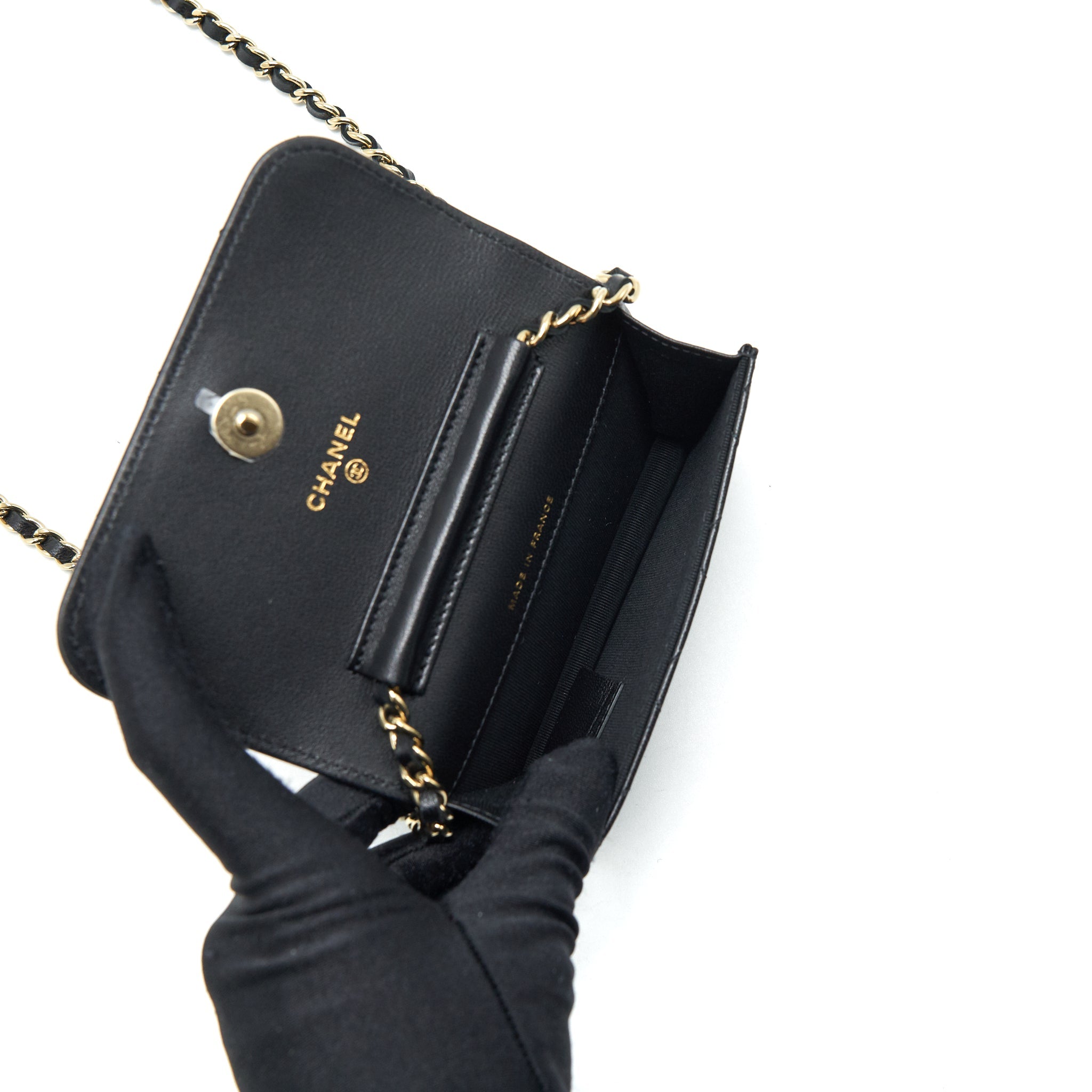 CHANEL MINI FLAP CARD HOLDER RIBBON CHAIN LAMBSKIN BLACK LGHW