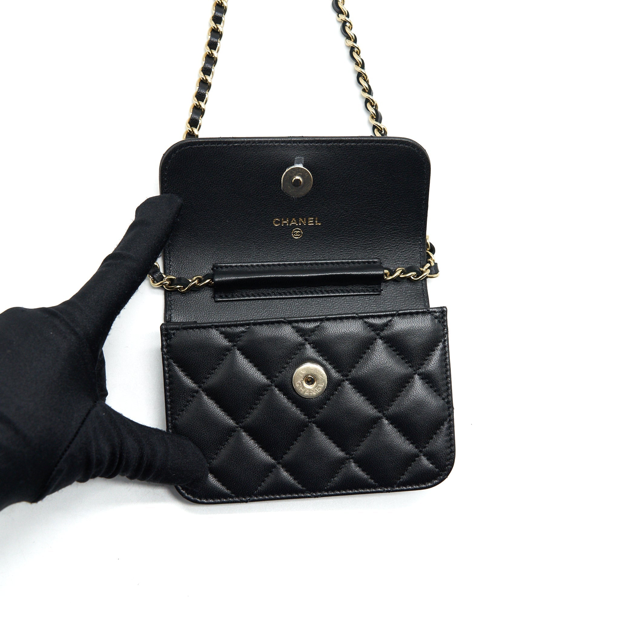 CHANEL MINI FLAP CARD HOLDER RIBBON CHAIN LAMBSKIN BLACK LGHW