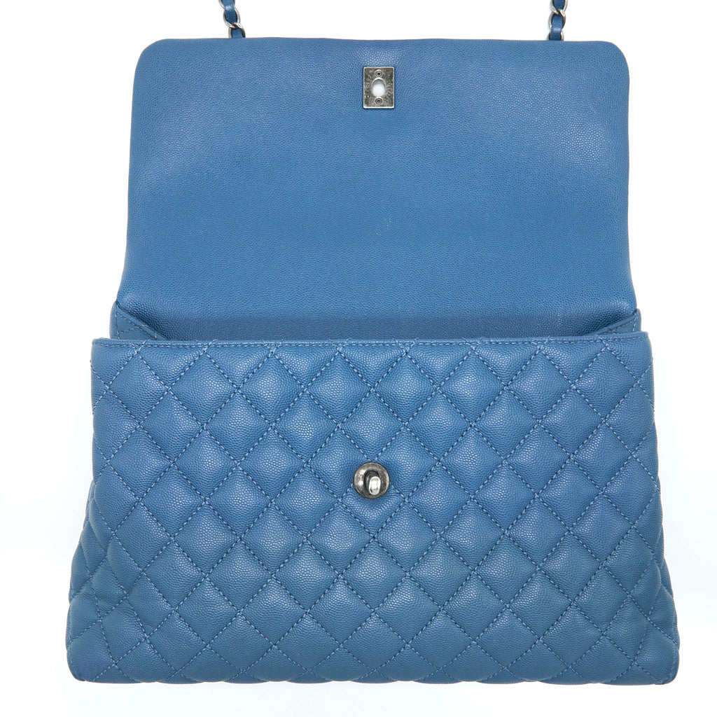 CHANEL COCO TOP HANDLE FLAP BAG CAVIAR BLUE RUTHENIUM HARDWARE