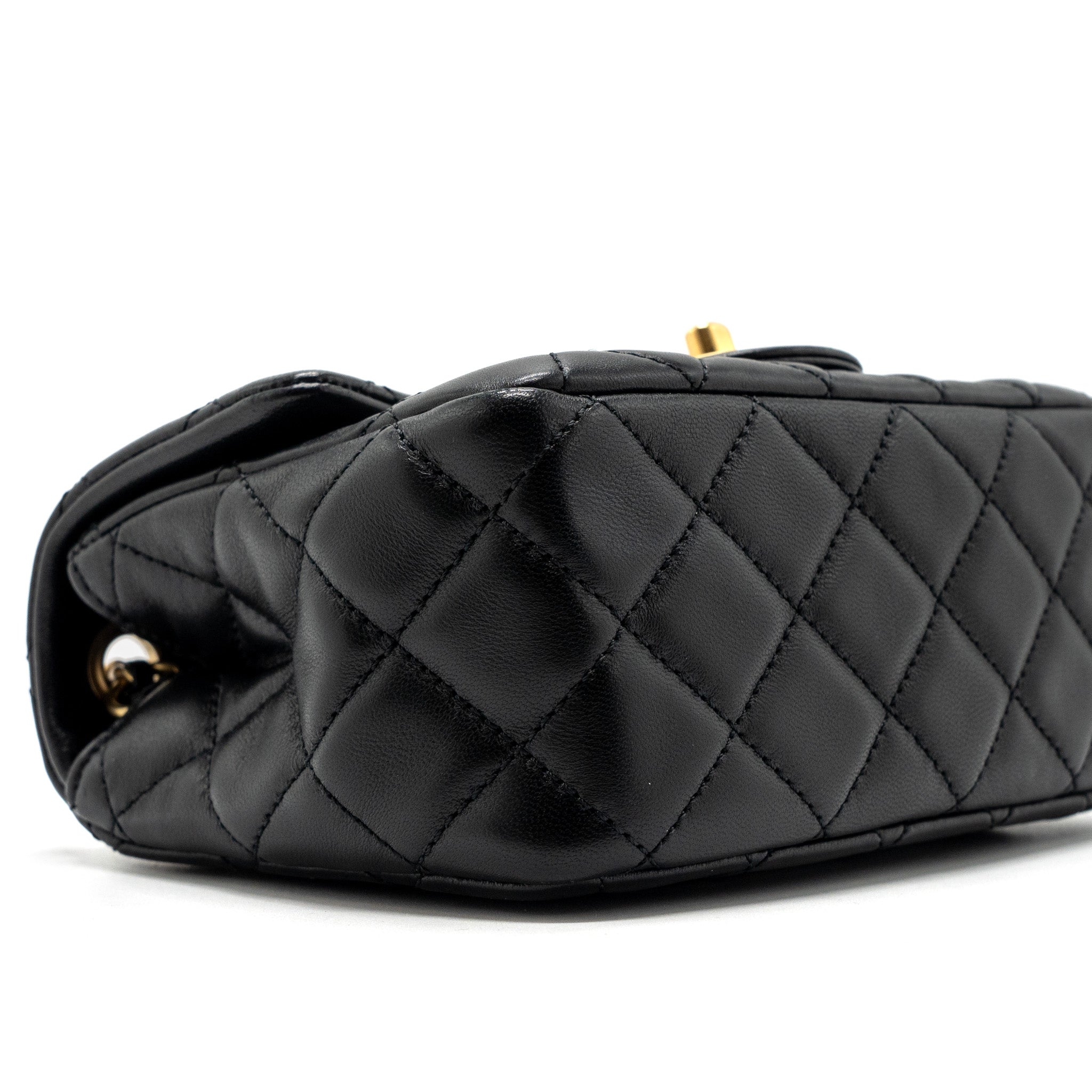 CHANEL PEARL CRUSH MINI SQUARE FLAP BAG LAMBSKIN BLACK GHW(MICROCHIP)