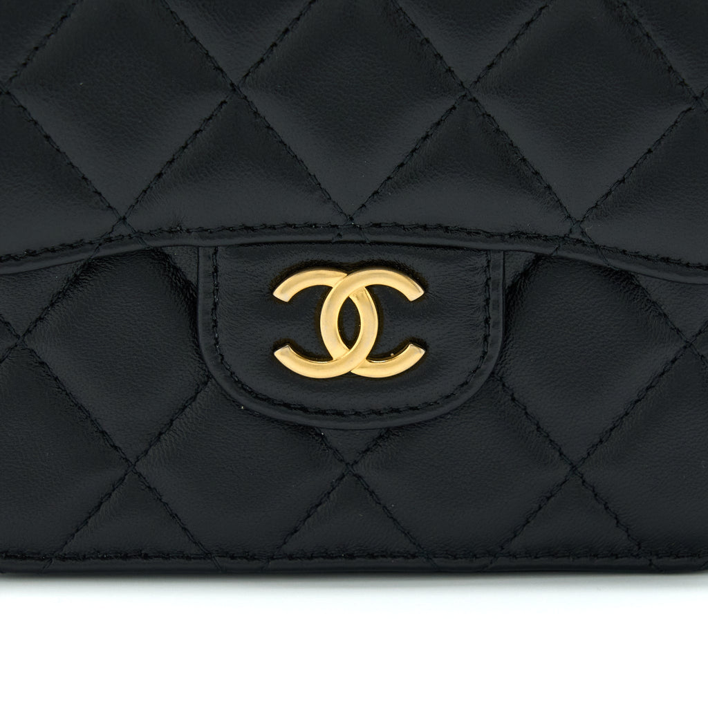 CHANEL TOP HANDLE MINI FLAP CARD HOLDER LAMBSKIN BLACK GHW