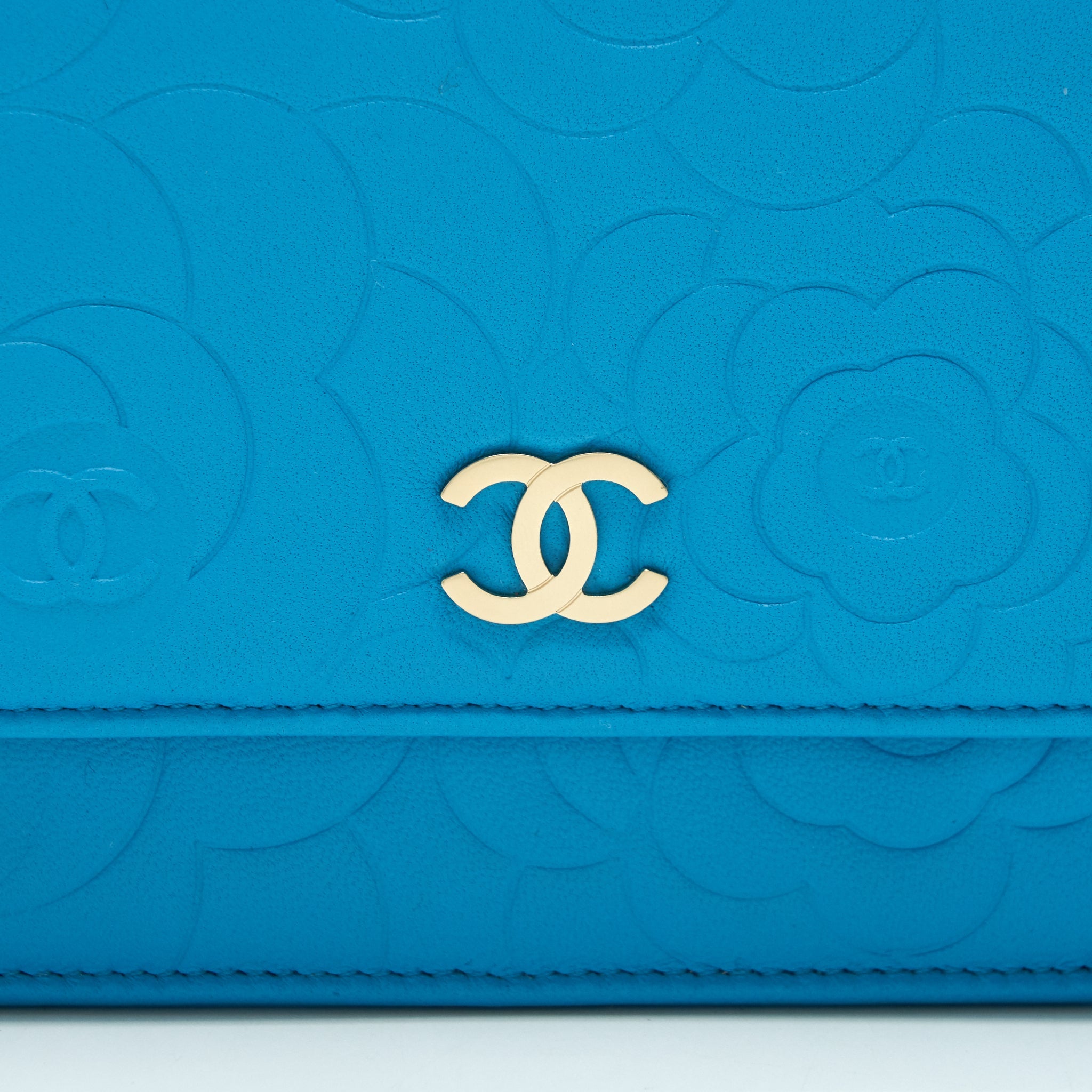 CHANEL CAMELIA WALLET ON CHAIN LAMBSKIN BLUE GHW